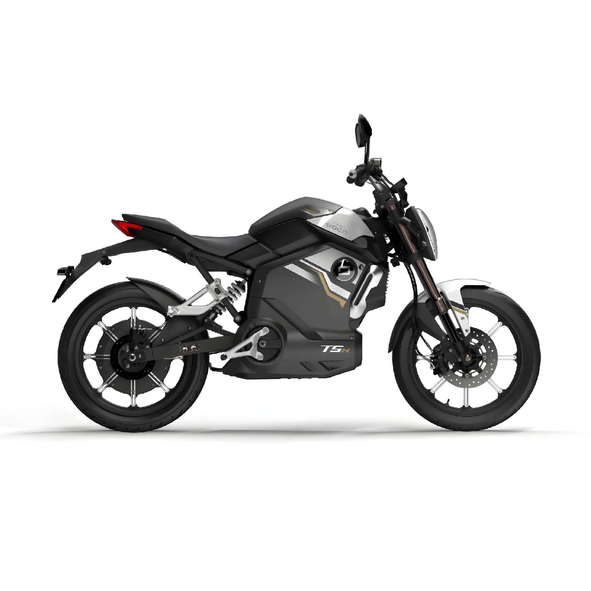Ein schnittiges, modernes Super Soco E-Motorrad TSx Eco 45 km/h in Schwarz mit silbernen Akzenten wird von der Seite auf weißem Grund gezeigt, mit sportlichem Rahmen, Scheibenbremsen und kantiger Karosserie.
