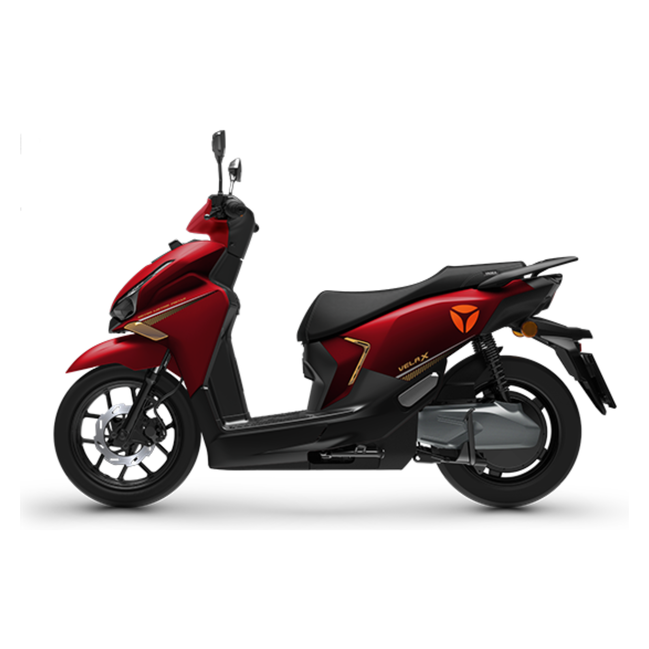 Ein rot-schwarzer Yadea Velax H 3000W E-Roller 45 km/h mit 14-Zoll-Rädern von Yadea, der sich durch ein schlankes, modernes Design auszeichnet und hier im Seitenprofil vor weißem Hintergrund abgebildet ist.