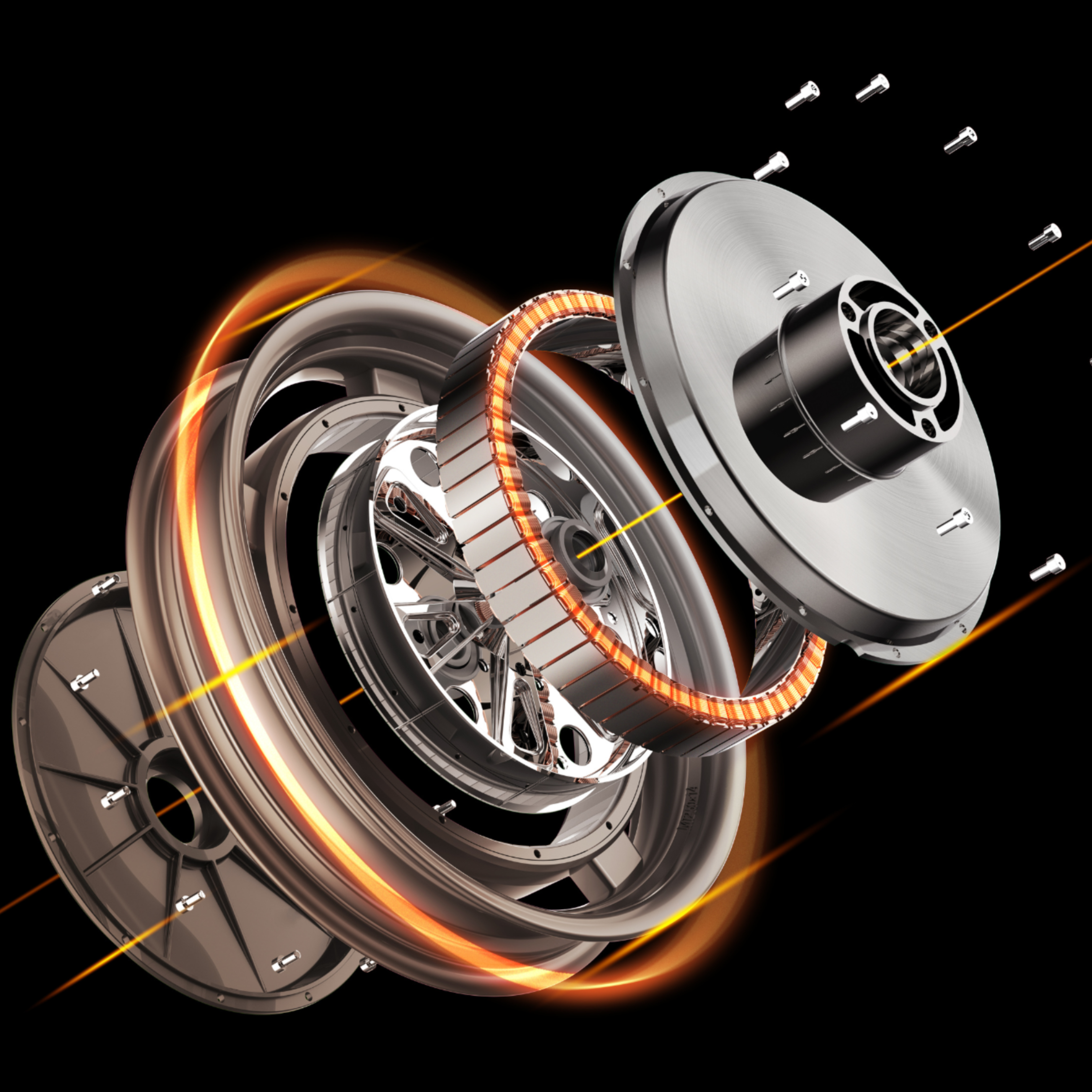Eine Explosionszeichnung der Yadea Velax H 3000W-Elektromotor-Nabenbaugruppe für den E-Roller mit 45 km/h und 14-Zoll-Rädern. Glänzende Metallkomponenten, wie der gewickelte Stator und das speziell für die 14-Zoll-Räder entwickelte runde Gehäuse, sind voneinander getrennt und scheinen vor einem schwarzen Hintergrund zu schweben, beleuchtet von leuchtend orangefarbenen, kreisförmigen Lichtstreifen und akzentuiert durch kleine Schrauben. Das vorgestellte Produkt wird von Yadea präsentiert.