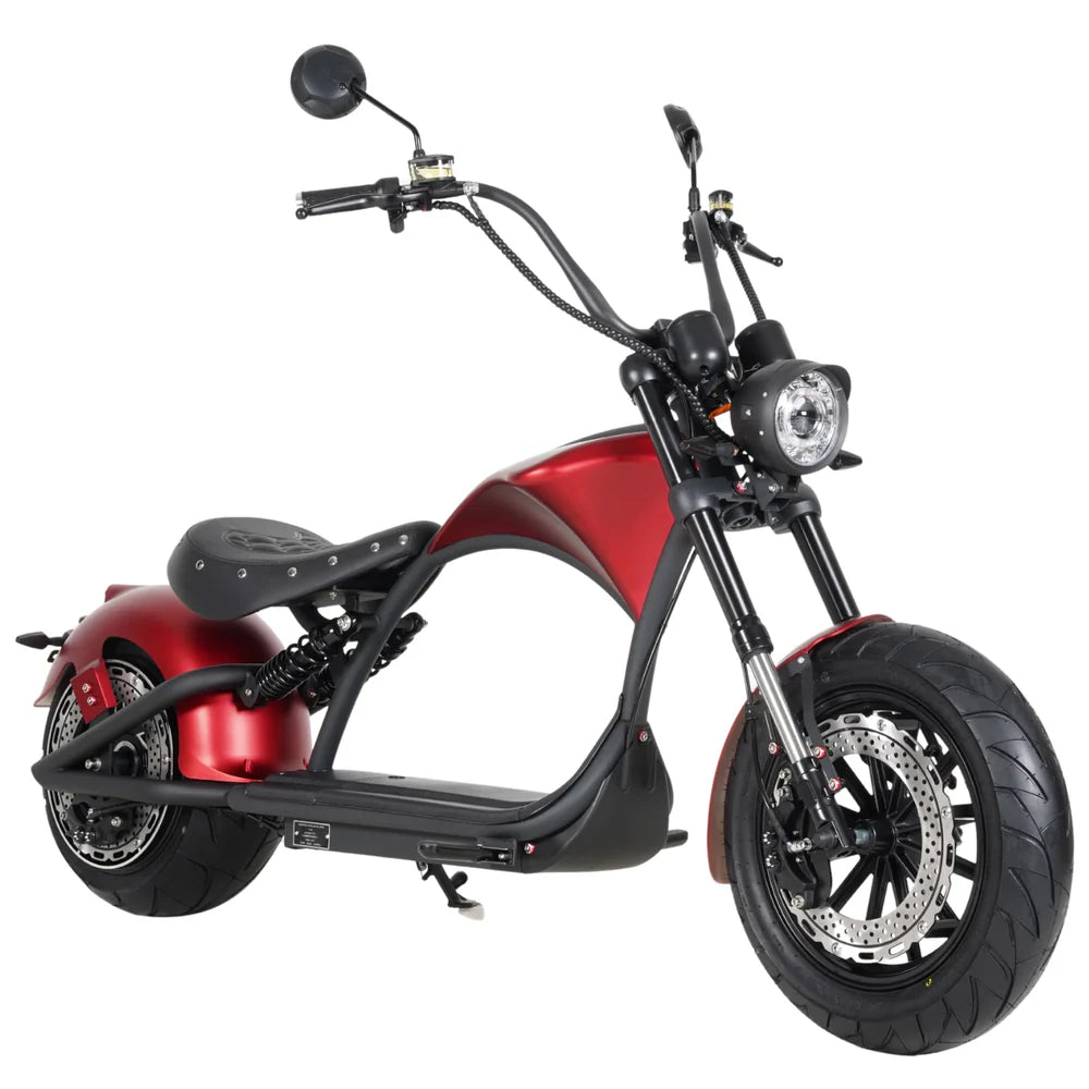 Ein MANGOSTEEN M1P Citycoco E-Chopper (Modell 26) von Mangosteen mit 30 Ah Akku und 45 km/h, breiten Reifen, Einzel-Scheinwerfer und niedrigem Rahmen wird auf weißem Hintergrund gezeigt.