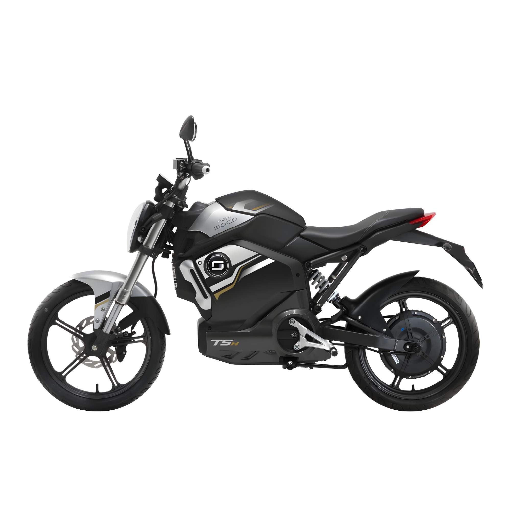 Seitenansicht des E-Motorrads SUPER SOCO TSx Eco 45 km/h von Super Soco in Schwarz und Weiß. Hervorzuheben ist das schlanke Design mit Leichtmetallrädern, Einzelsitz, Hinterradfederung und emissionsfreier Leistung.