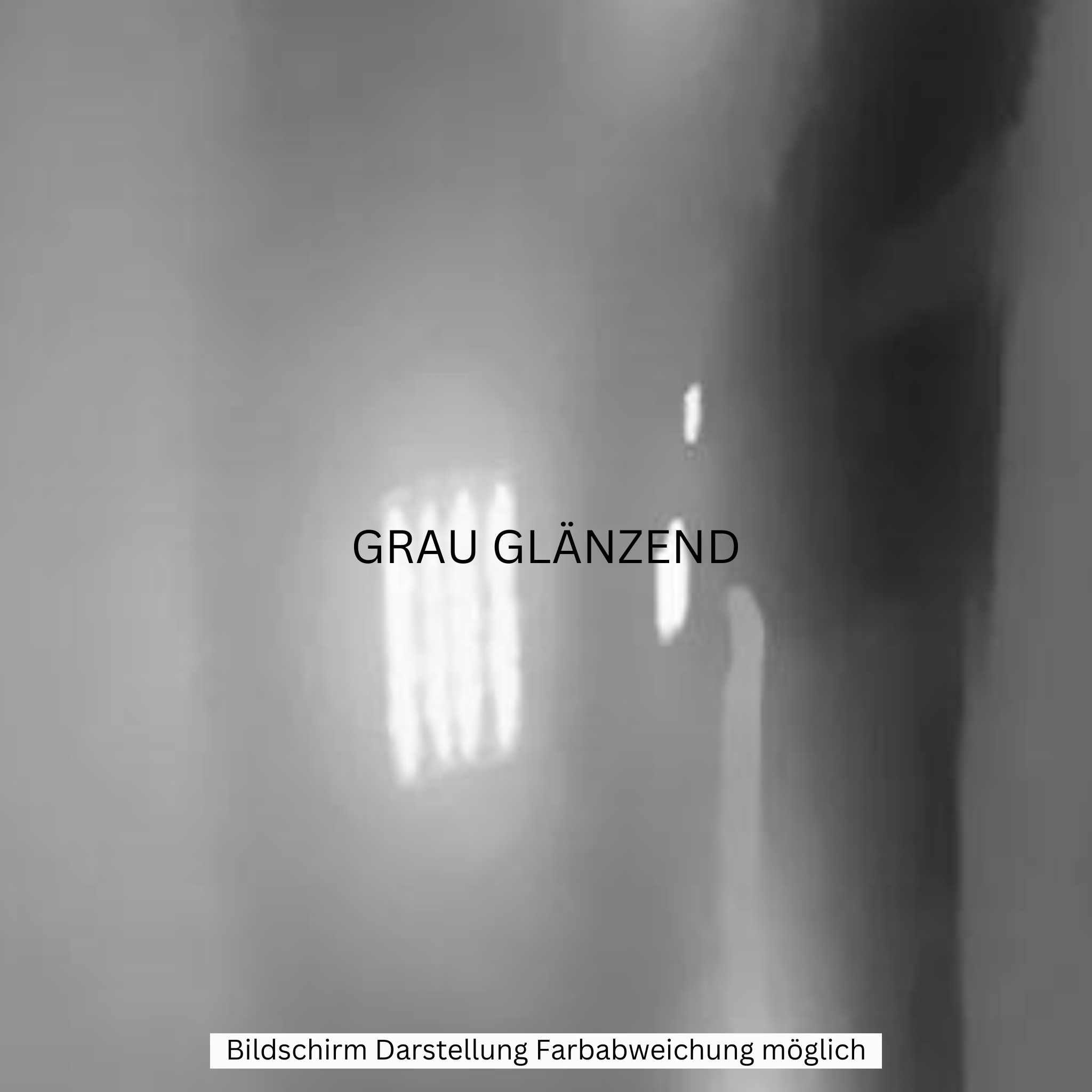 Glänzend graue Oberfläche mit verschwommenen Reflexen und "GRAU GLÄNZEND" in der Mitte. Ein City Twister Carplay Display spiegelt sich dezent. Bildunterschrift: Bildschirm Darstellung Farbabweichung möglich. E-Chopper: CityTwister 6.0 PREMIUM DUO 45km/h, 56AH Akku.