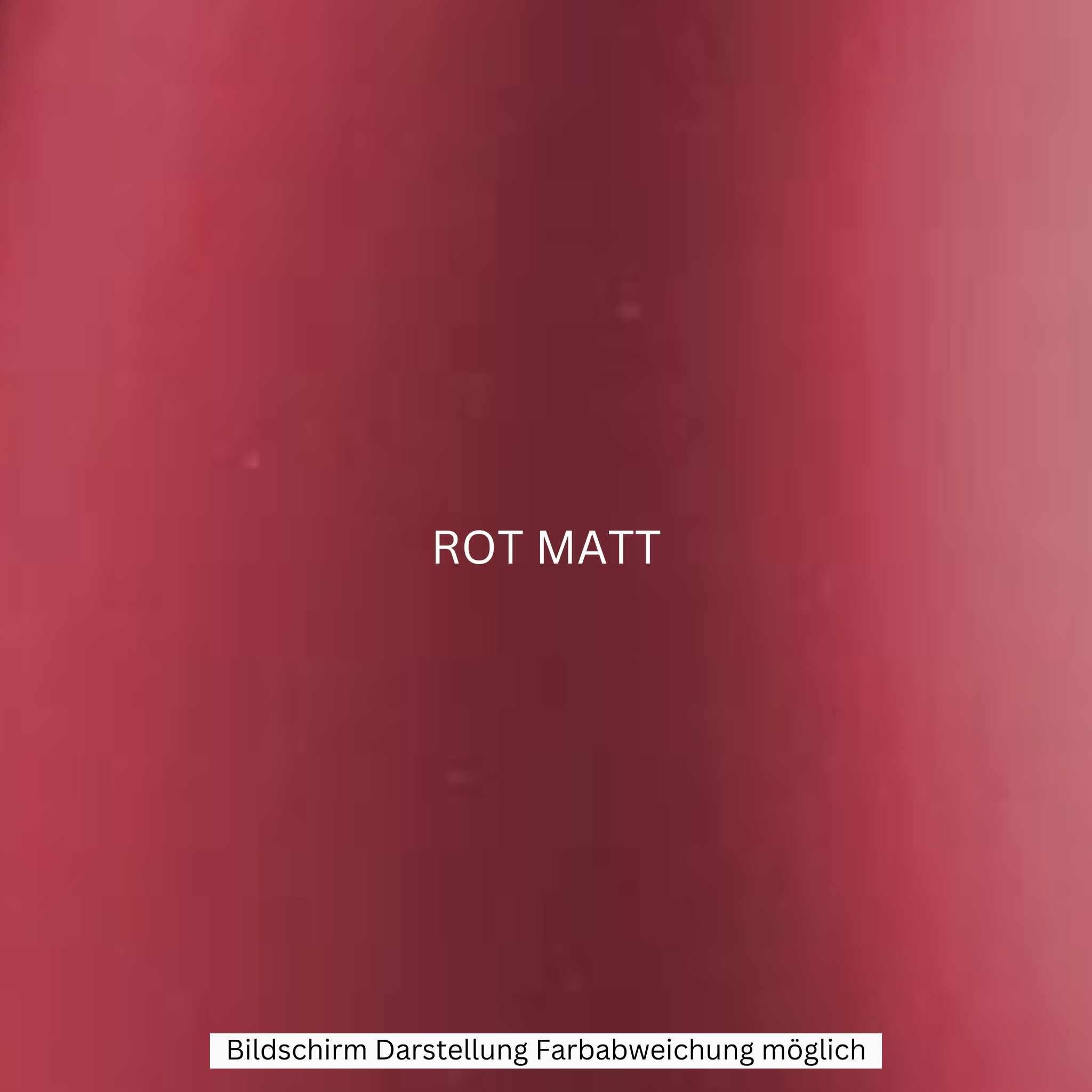 Ein glatter, mattroter Hintergrund mit zentriertem weißem Text "ROT MATT". Darunter ein Hinweis in Deutsch: "Bildschirm Darstellung Farbabweichung möglich." Ideal für den NEU! E-Chopper: CityTwister 6.0 PREMIUM DUO 45 km/h mit 56 AH Akku und Carplay Display - Das Original!.