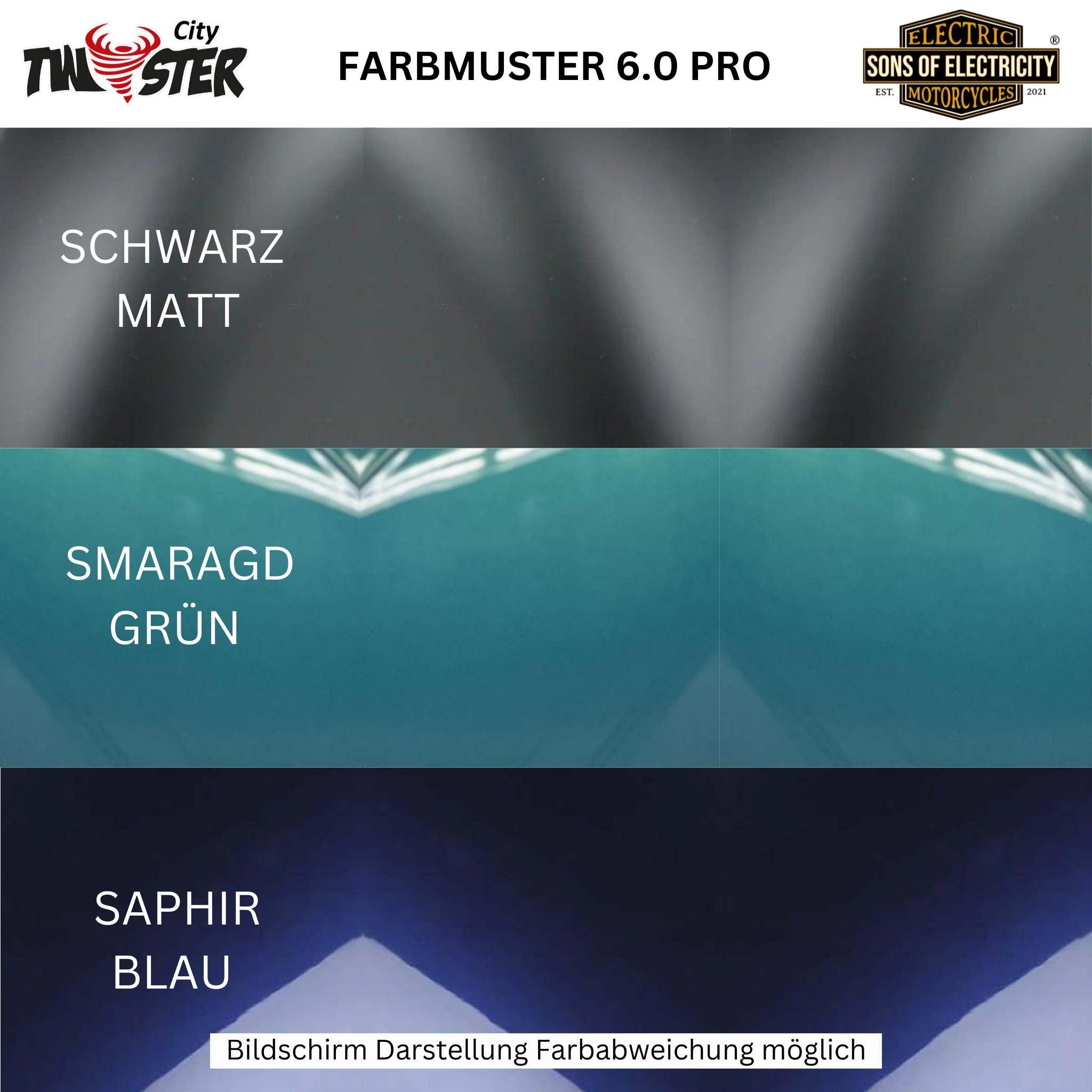 Drei Farbmuster für den City Twister E-Chopper Elektro Motorrad: CityTwister 6.0 PRO (110 km/h - Das Original!)-Schwarz Matt, Smaragd Grün, Saphir Blau- werden mit Logos und einem Hinweis auf Farbvariationen für das 5.000-Watt-Motor-Modell gezeigt.