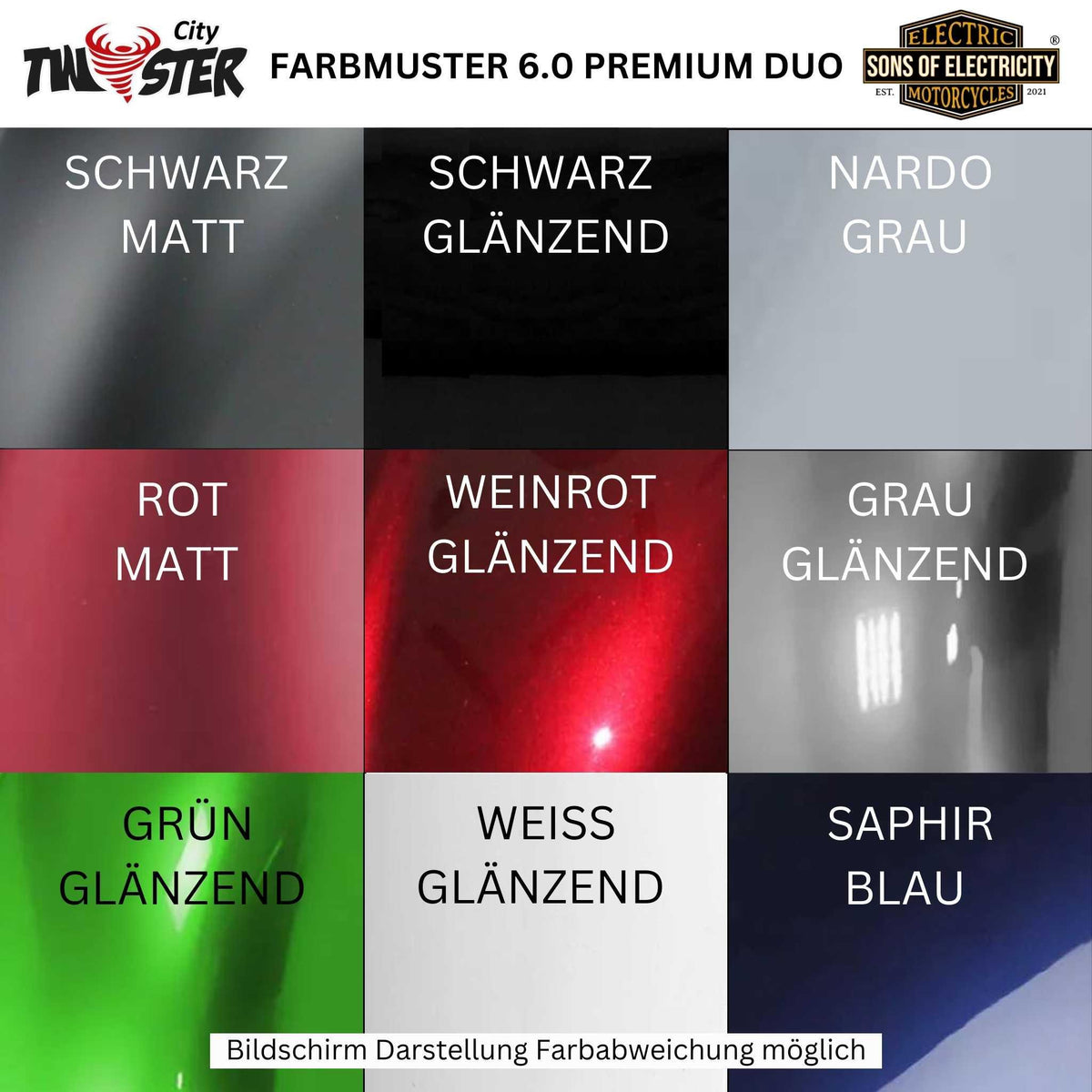 Ein Raster mit neun Autolackmustern, beschriftet mit „Schwarz Matt“, „Schwarz Glänzend“, „Nardo Grau“, „Rot Matt“, „Weinrot Glänzend“, „Grau Glänzend“, „Grün Glänzend“, Weiß Glänzend und Saphir Blau – ideal, um Ihren City Twister CityTwister 6.0 PREMIUM DUO 45 km/h | 56-Ah-Akku | Carplay-Display E-Chopper individuell zu gestalten und Ihren einzigartigen Stil in der Elektromobilität zum Ausdruck zu bringen.