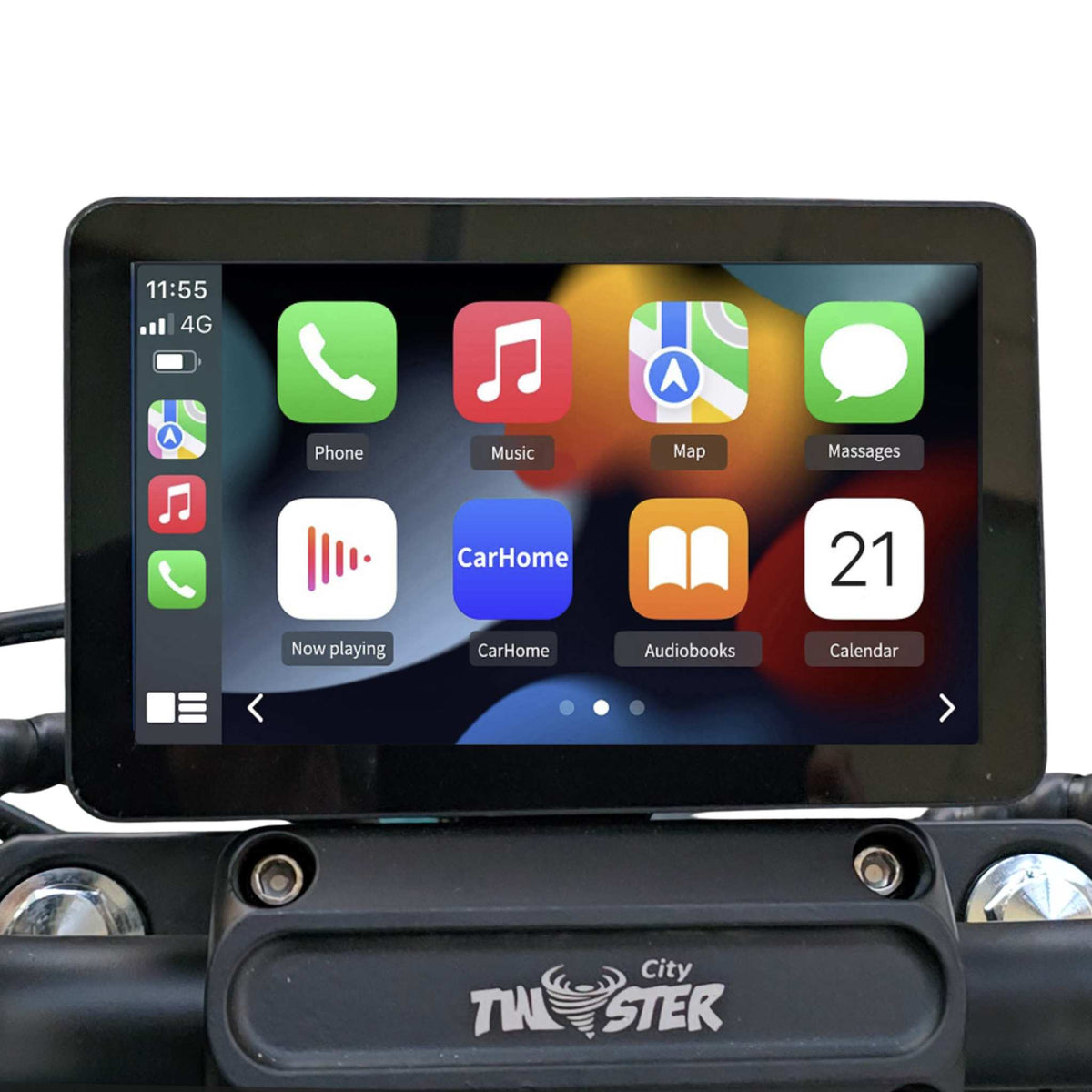 Der City Twister E-Chopper: Der CityTwister 6.0 PREMIUM DUO 45 km/h verfügt über ein Carplay-Display, das App-Symbole für Telefon, Musik, Karten und Nachrichten anzeigt - wie ein Premium-Infotainment-System im Auto. Inklusive 56 AH Akku und rotem Sitz.