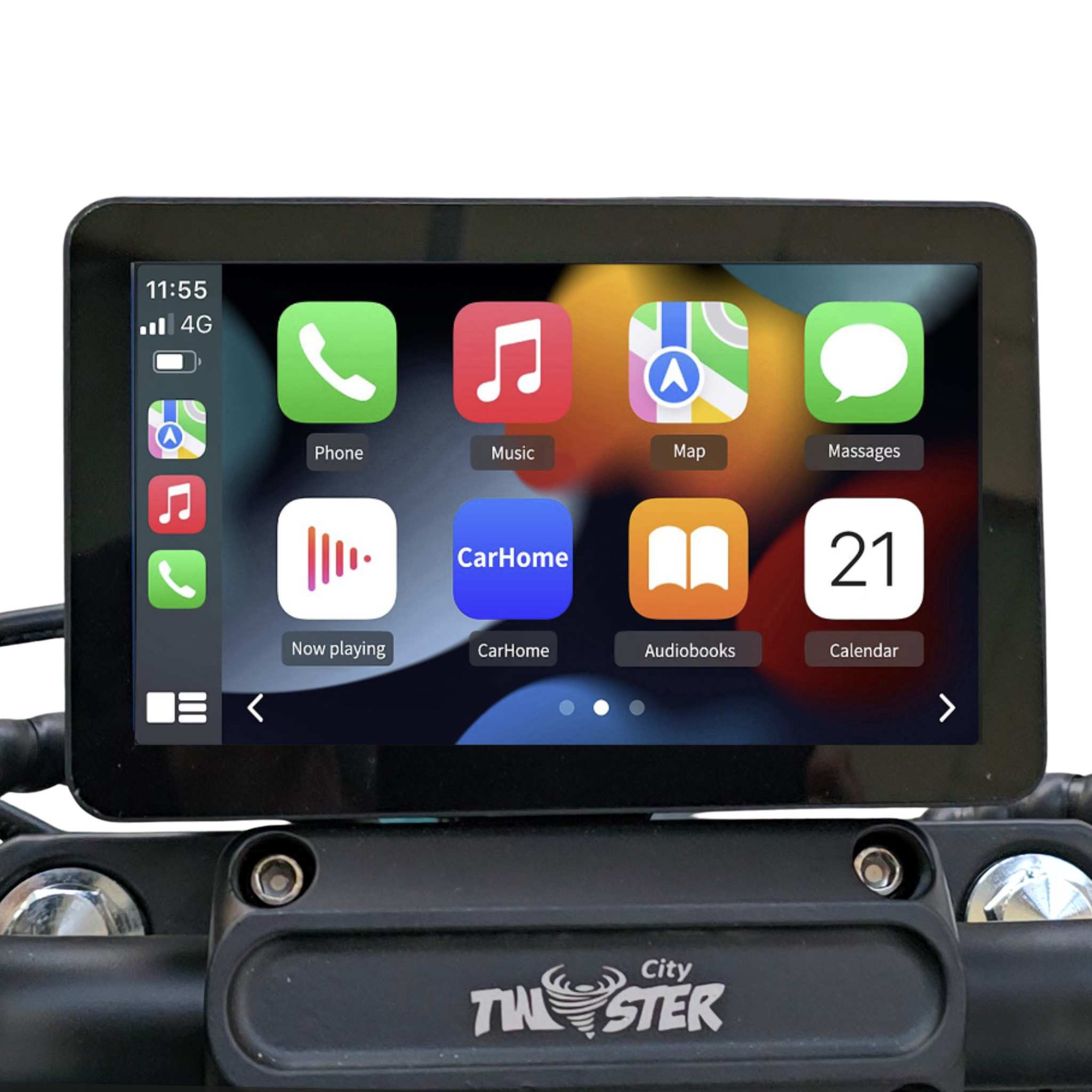 Der NEU! E-Chopper: Der CityTwister 6.0 PREMIUM DUO 45 km/h verfügt über ein Carplay-Display mit Telefon-, Musik- und Karten-Apps - ideal für elektrische Fahrten - sowie einen 56 AH-Akku, einen roten Sitz und ein City Twister-Branding.