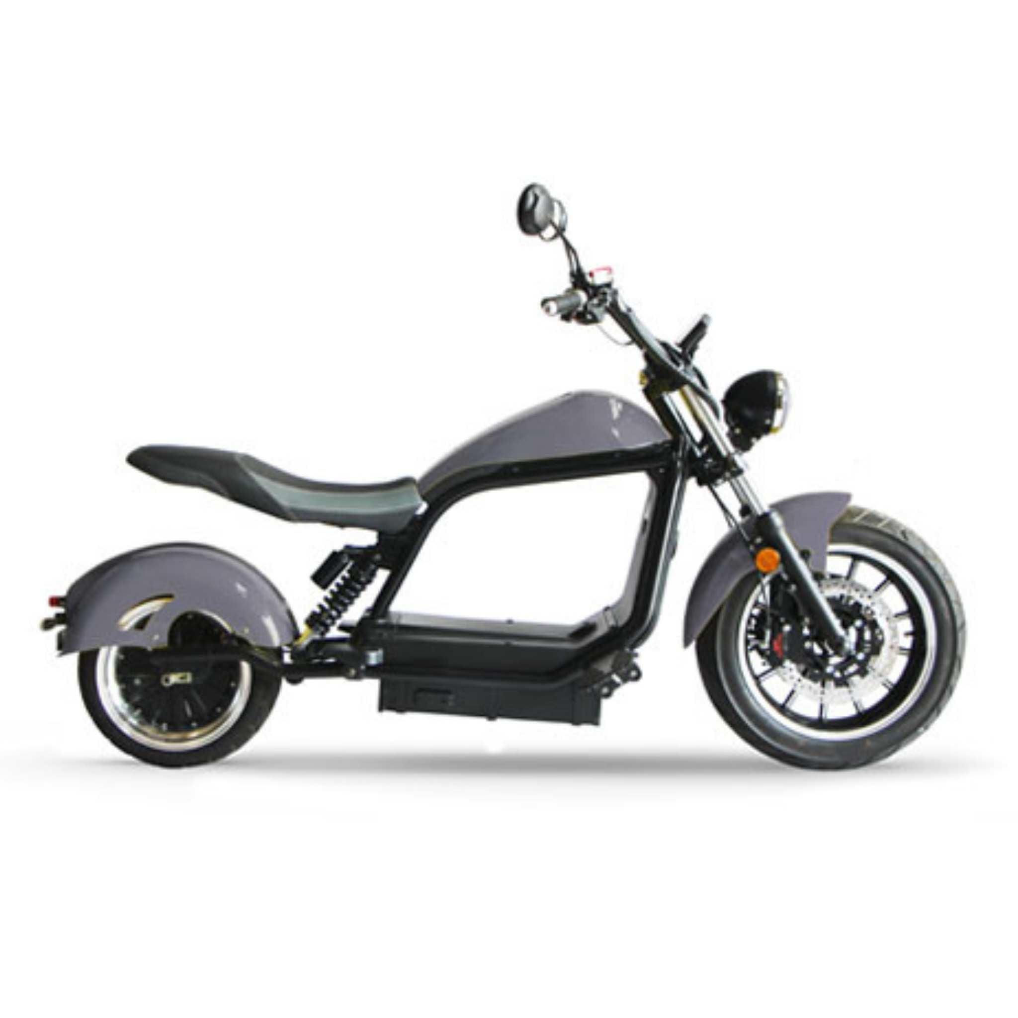Seitenansicht des City Twister NEU - E-Choppers: CityTwister 6.0 MAX DUO, Modell 2026, mattgrau mit minimalistischem Rahmen, schwarzem Sitz, großen Rädern, 4000W Motor und Carplay Display, fotografiert vor einem schlichten weißen Hintergrund.