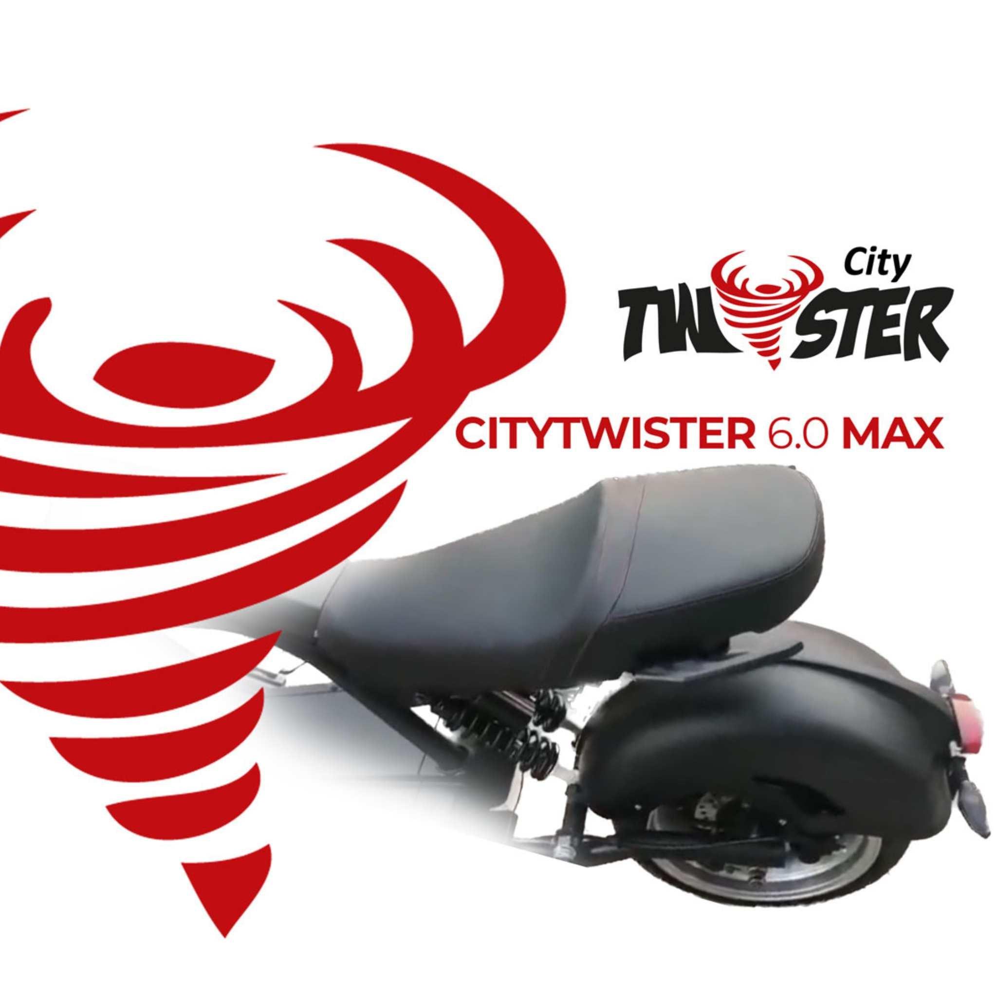 Der City Twister NEU E-Chopper: CityTwister 6.0 MAX DUO mit schwarzem Sitz und Hinterrad mit roter Tornado-Grafik und Text, angetrieben von einem 4000-W-Motor. Modell 2026 mit Carplay-Display, dargestellt auf weißem Hintergrund.