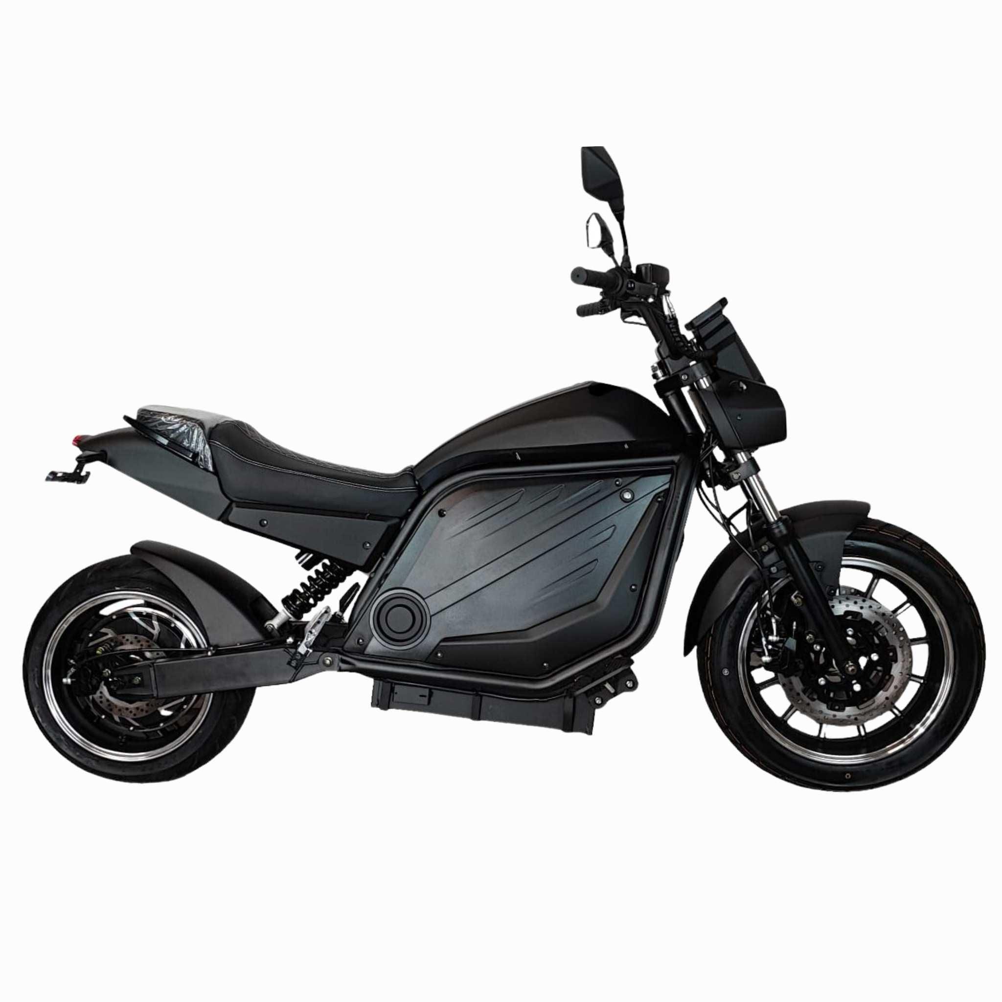 Der City Twister E-Chopper Elektro Motorrad: CityTwister 6.0 PRO 110 km/h - Das Original! zeigt sich in Schwarz mit einem schlanken, modernen Design, minimalistischer Ausstattung und sichtbarem Akku. Sein leistungsstarker 5.000-Watt-Motor hebt sich von einem weißen Hintergrund ab.