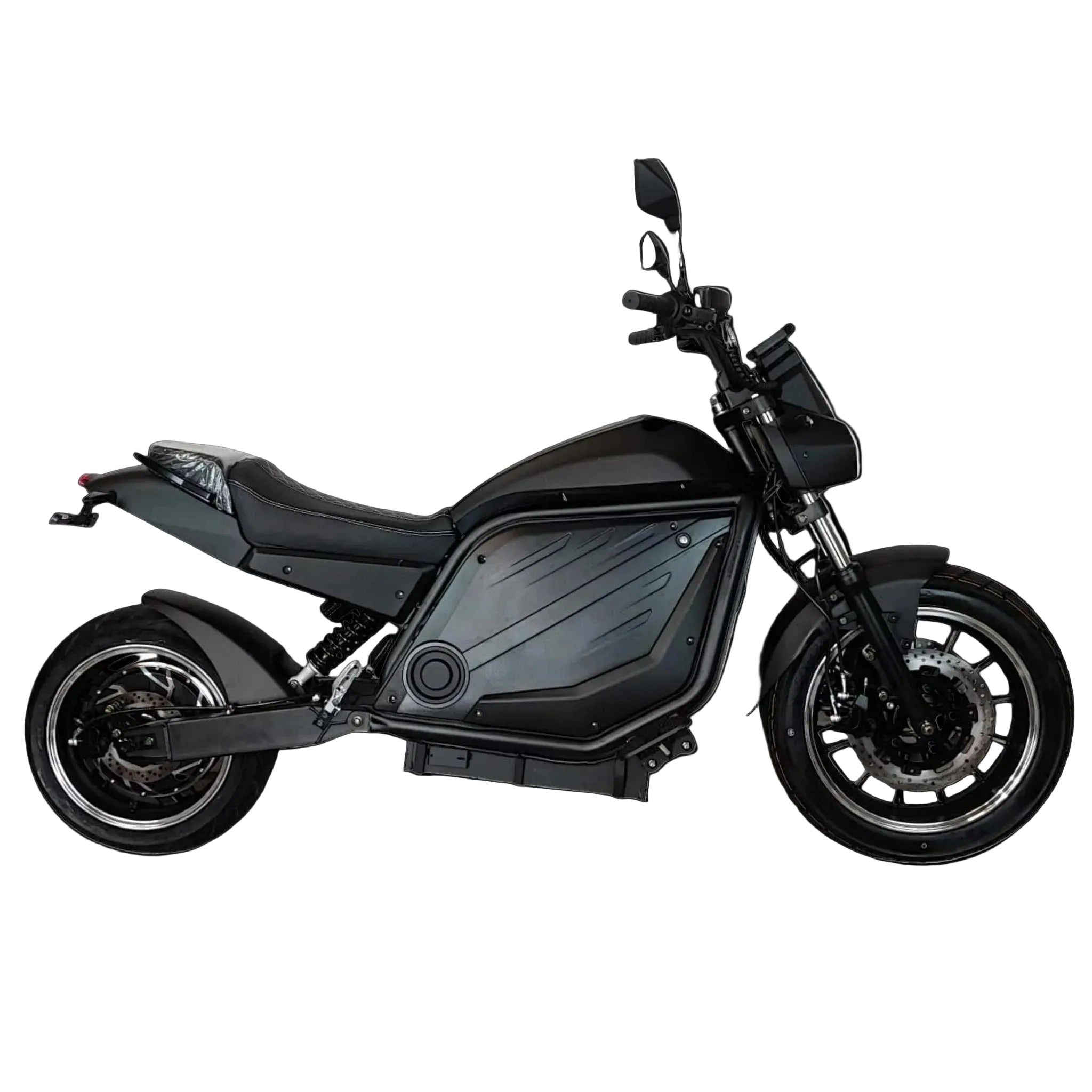 Ein mattschwarzer City Twister E-Chopper Elektro Motorrad: CityTwister 6.0 PRO 110 km/h - Das Original! mit kantigen Verkleidungen, Einzelscheinwerfer, Seitenspiegeln, freiliegender Hinterradaufhängung und einem leistungsstarken 5000-Watt-Motor, abgebildet auf weißem Hintergrund.