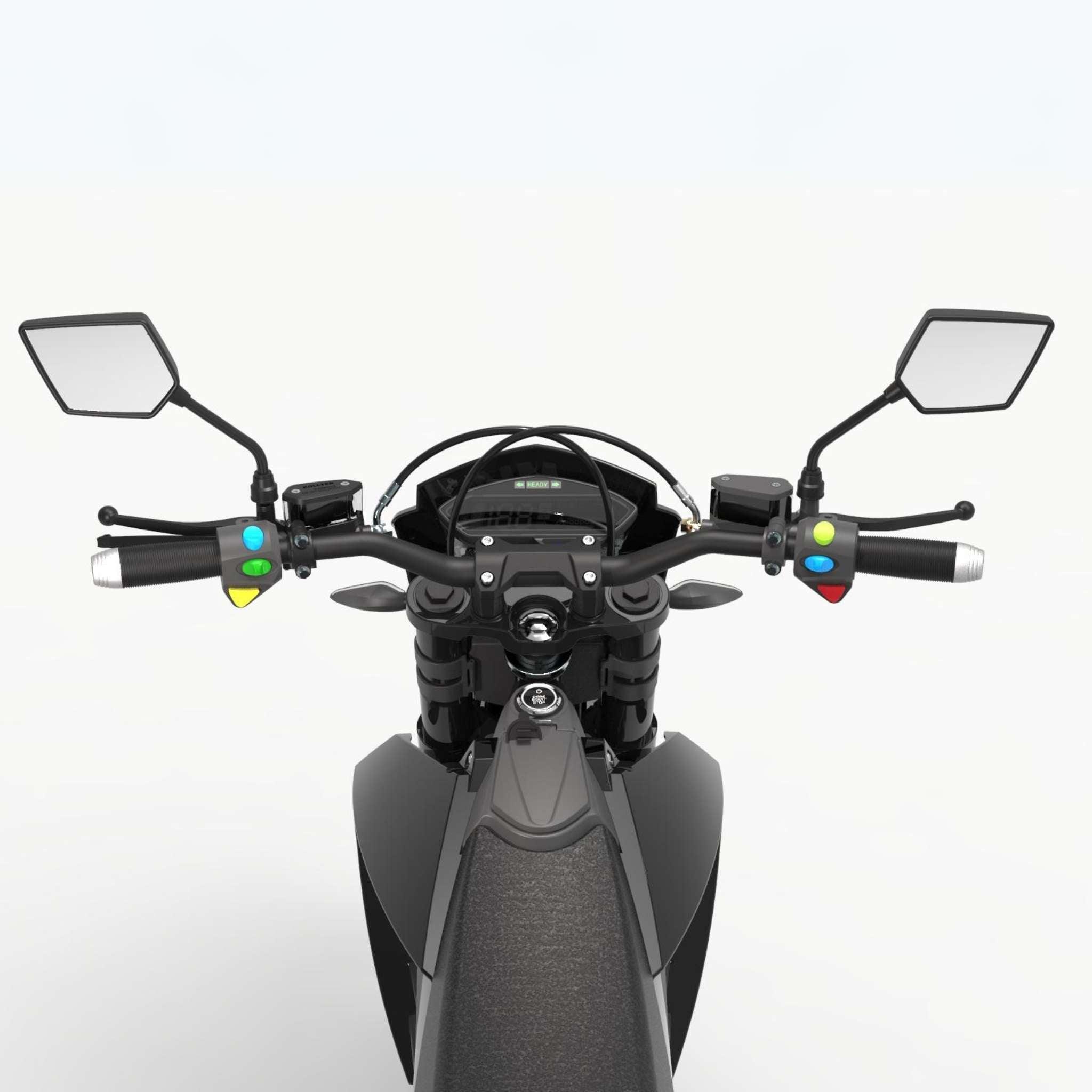 Eine Ansicht des schwarzen Tinbot E-Motorrad Esum ES1 45 km/h Enduro aus der Sicht des Fahrers zeigt Lenker, Seitenspiegel und Bedienknöpfe, alles vor einem schlichten hellen Hintergrund.