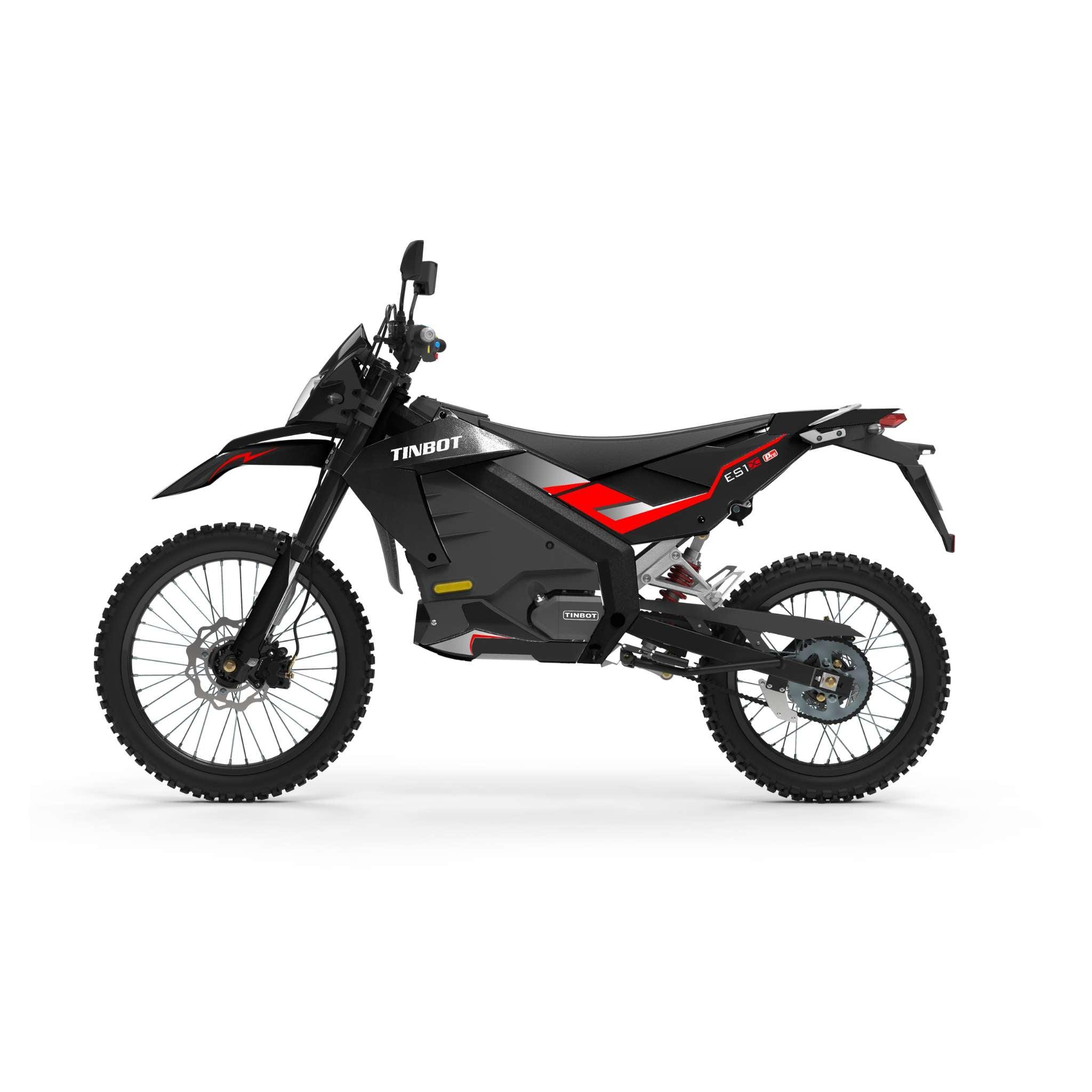 Seitenansicht eines schwarz-roten Tinbot Esum ES1 PRO 90 km/h Enduro E-Motorrads mit robuster Bereifung und der Aufschrift "TINBOT", die den schlanken Rahmen und das moderne Enduro-Design auf einem schlichten weißen Hintergrund hervorhebt. Marke: Tinbot.