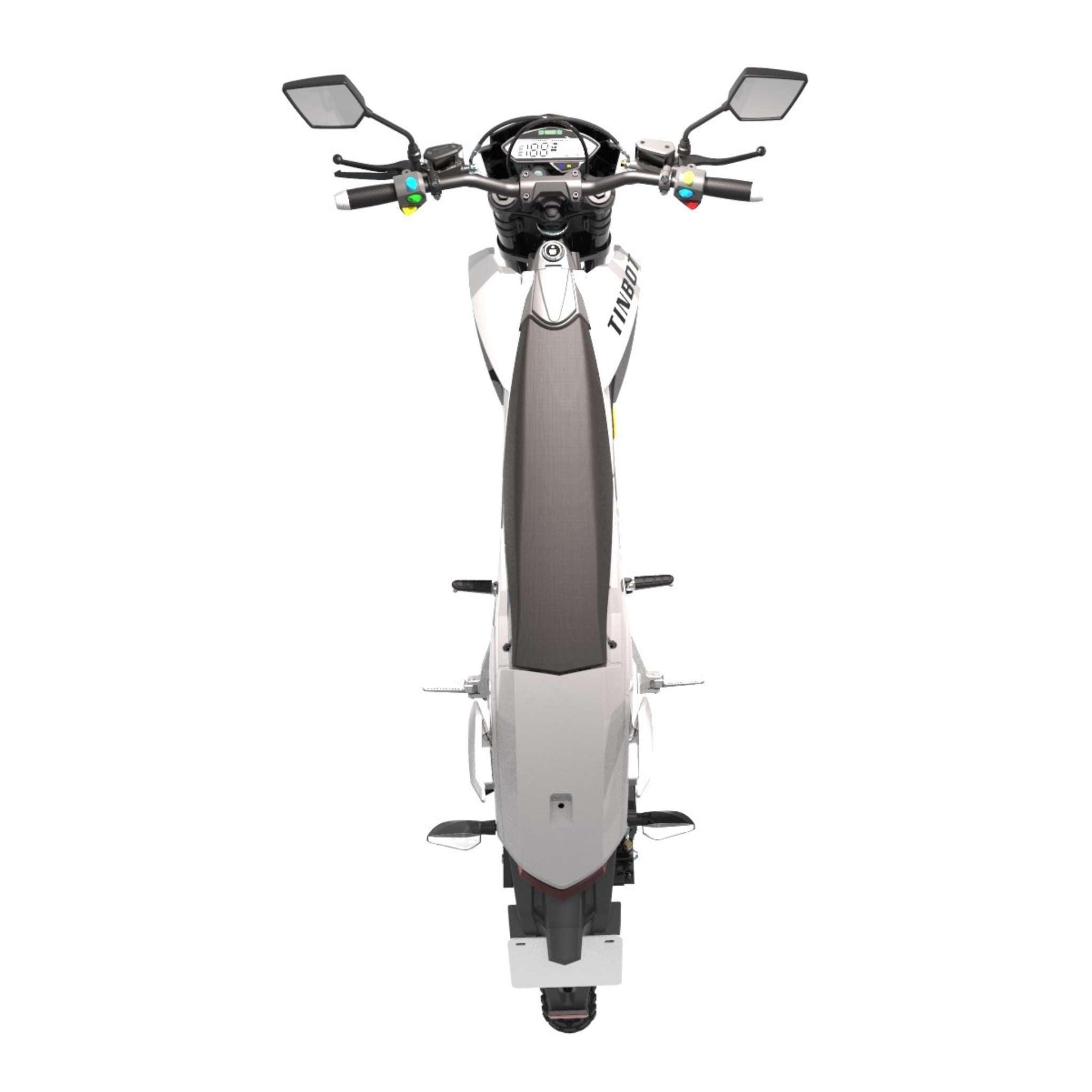 Draufsicht auf das Tinbot Esum ES1 PRO E-Motorrad (Enduro, 90 km/h) in Weiß, mit Lenker, Spiegeln, Sitz und Fußrasten in modernem Design und mit der für Enduros typischen geraden Linienführung.