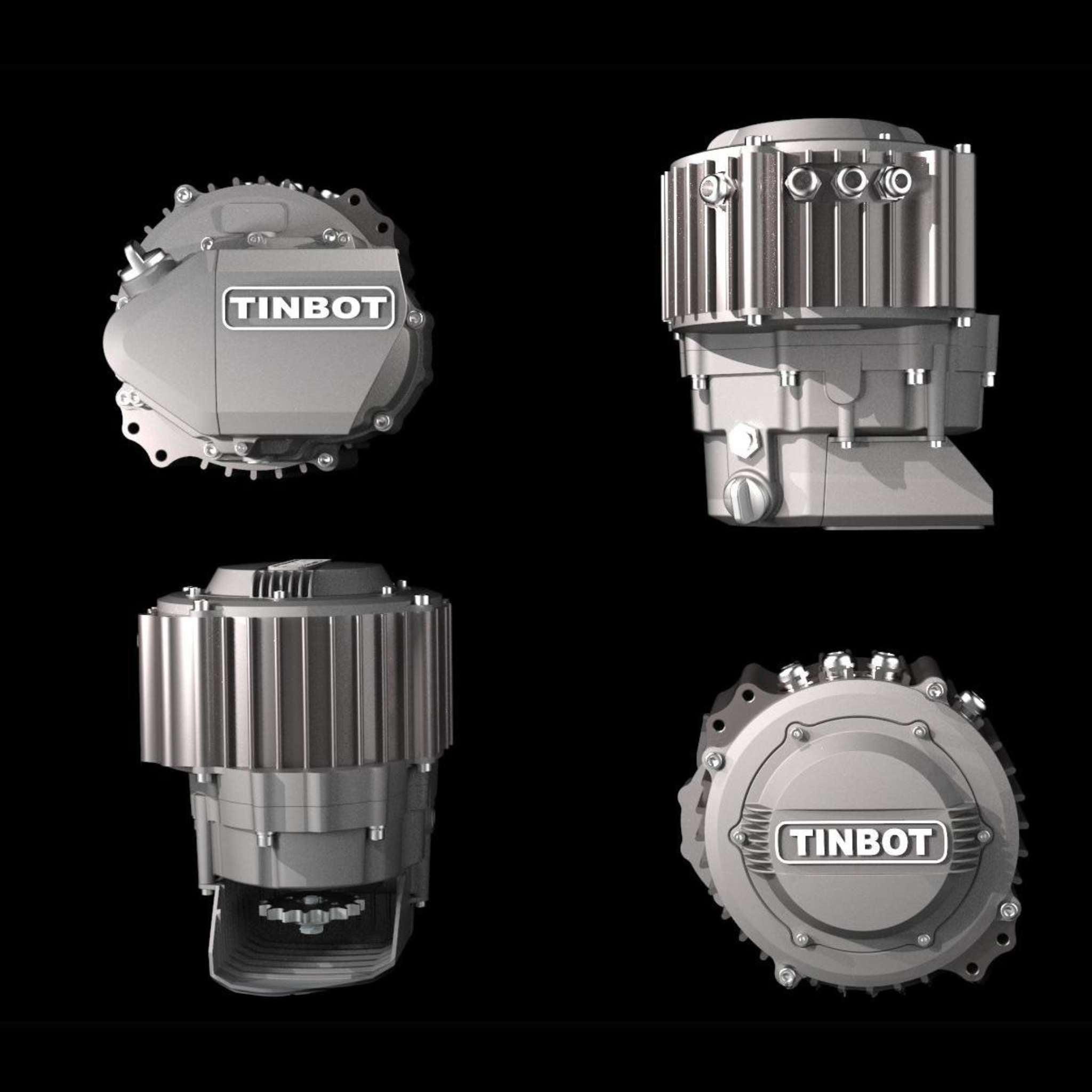 Vier Ansichten des Tinbot E-Motorrad Esum ES1 PRO 90 km/h Supermoto-Motors, von Tinbot, auf schwarzem Hintergrund, die verschiedene Winkel und mechanische Details dieses fortschrittlichen Enduro-Bikes hervorheben.