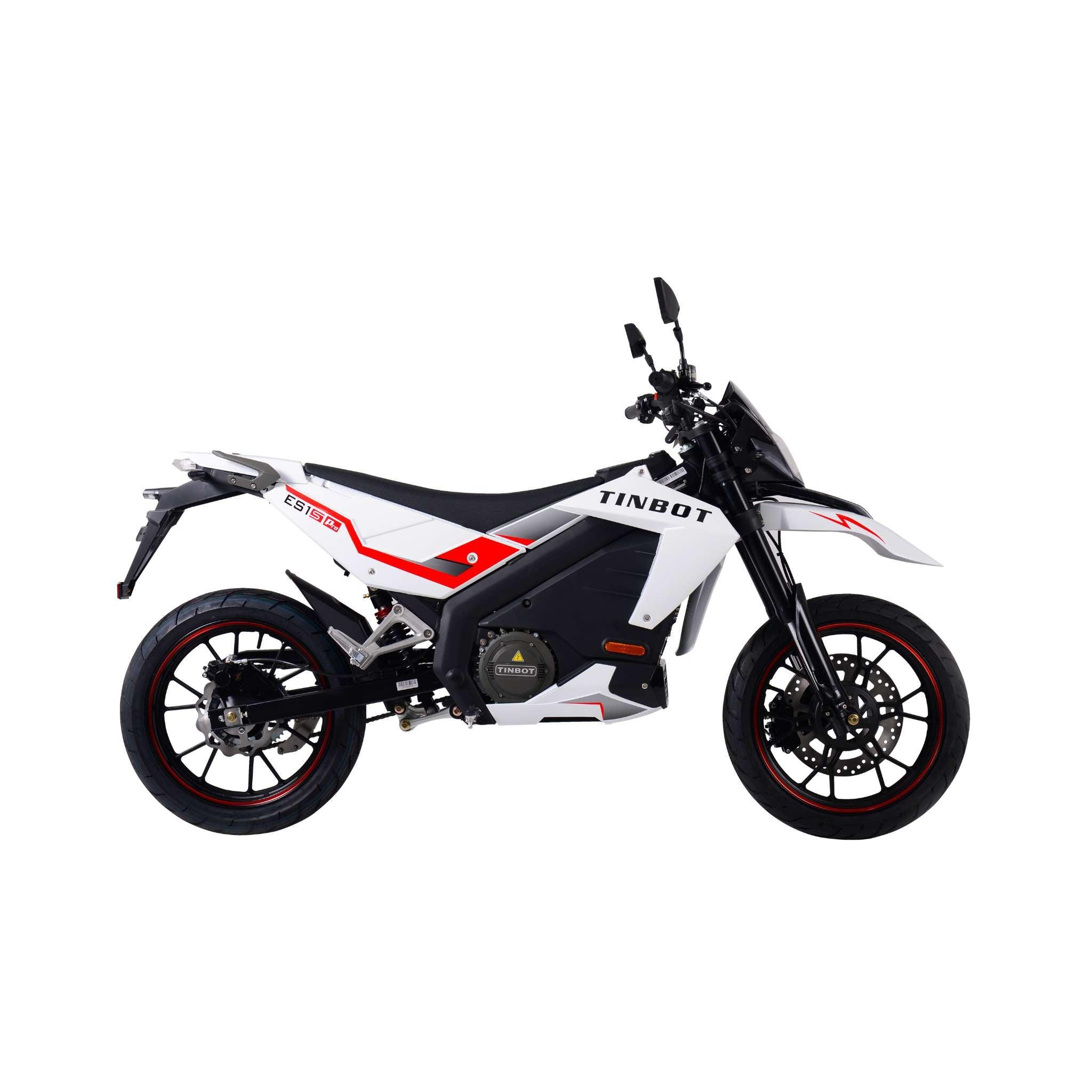 Das Tinbot E-Motorrad Esum ES1 45 km/h Supermoto, in schwarz, weiß und rot mit Tinbot Branding, ist im Profil mit Enduro-Stil Design auf weißem Hintergrund abgebildet.