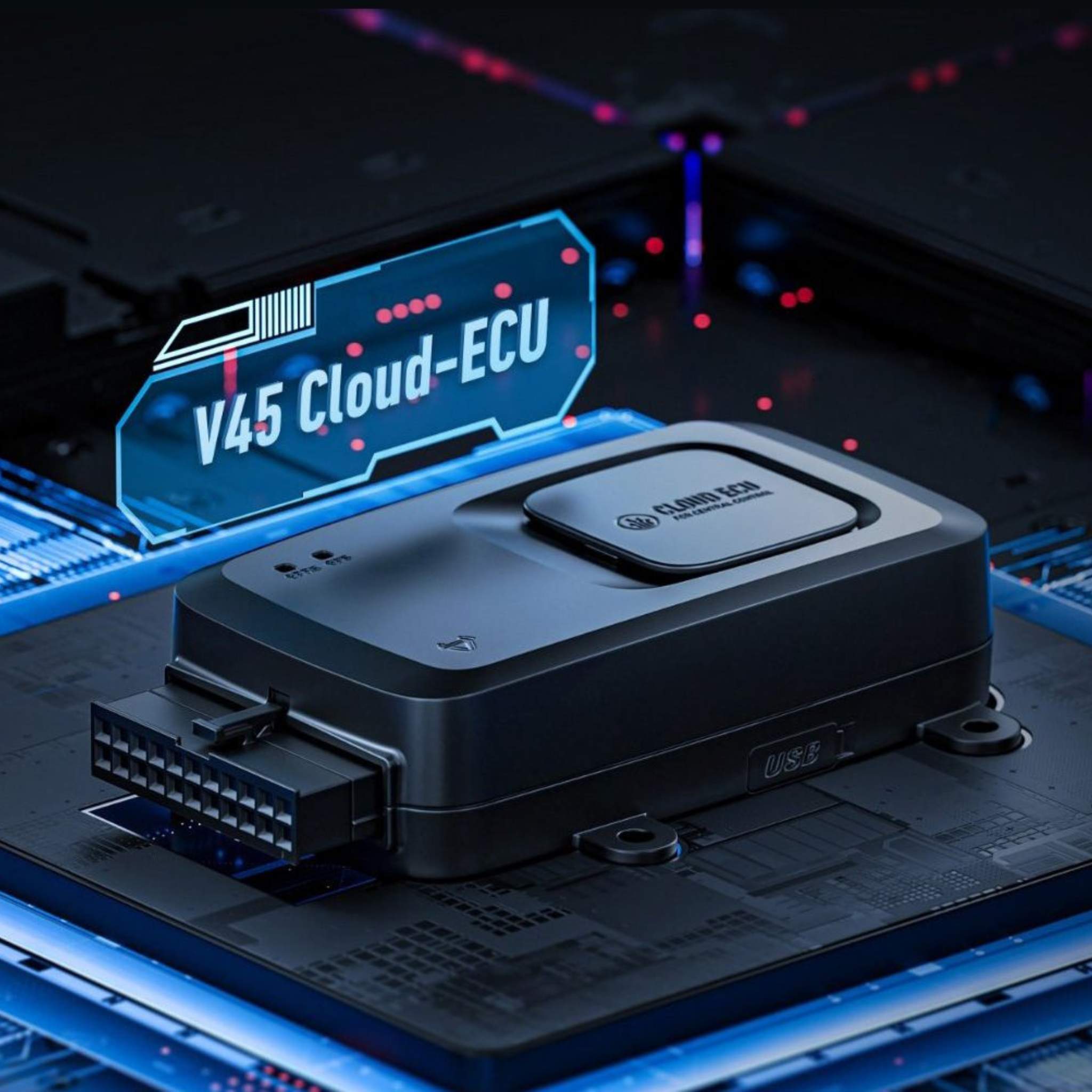 Auf einer blauen Platine ruht ein elegantes schwarzes "V45 Cloud-ECU"-Modul mit leuchtenden Akzenten und einer digitalen Schnittstelle, die die fortschrittliche NIU-Technologie im Elektromotorrad NIU RQI Sport 110 km/h hervorheben.