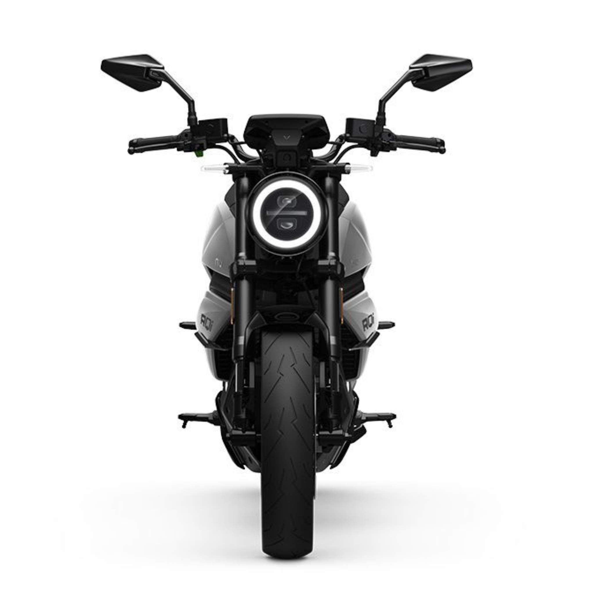 Frontansicht des NIU Elektromotorrad RQI Sport 110 km/h von NIU mit rundem LED-Scheinwerfer, Seitenspiegeln und sichtbarem Reifenprofil, fotografiert vor einem schlichten weißen Hintergrund.