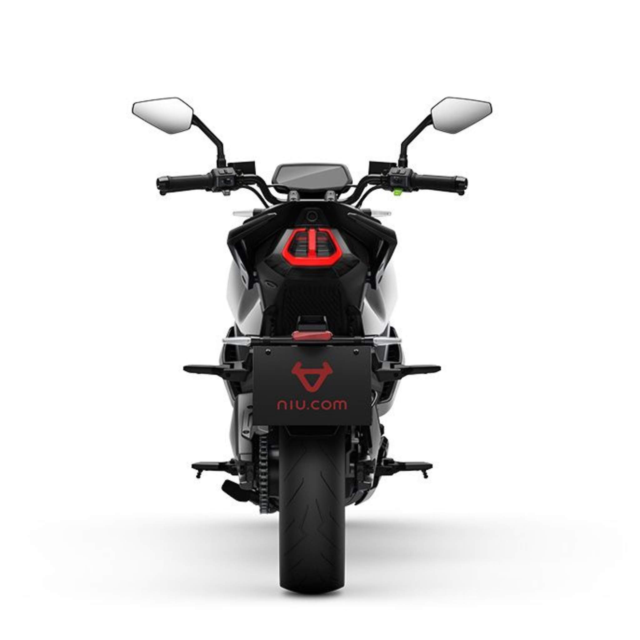 Rückansicht des NIU Elektromotorrad RQI Sport 110 km/h in Schwarz-Weiß mit Seitenspiegeln, Digitalanzeige und Nummernschild mit niu.com-Logo auf schlichtem weißen Hintergrund.