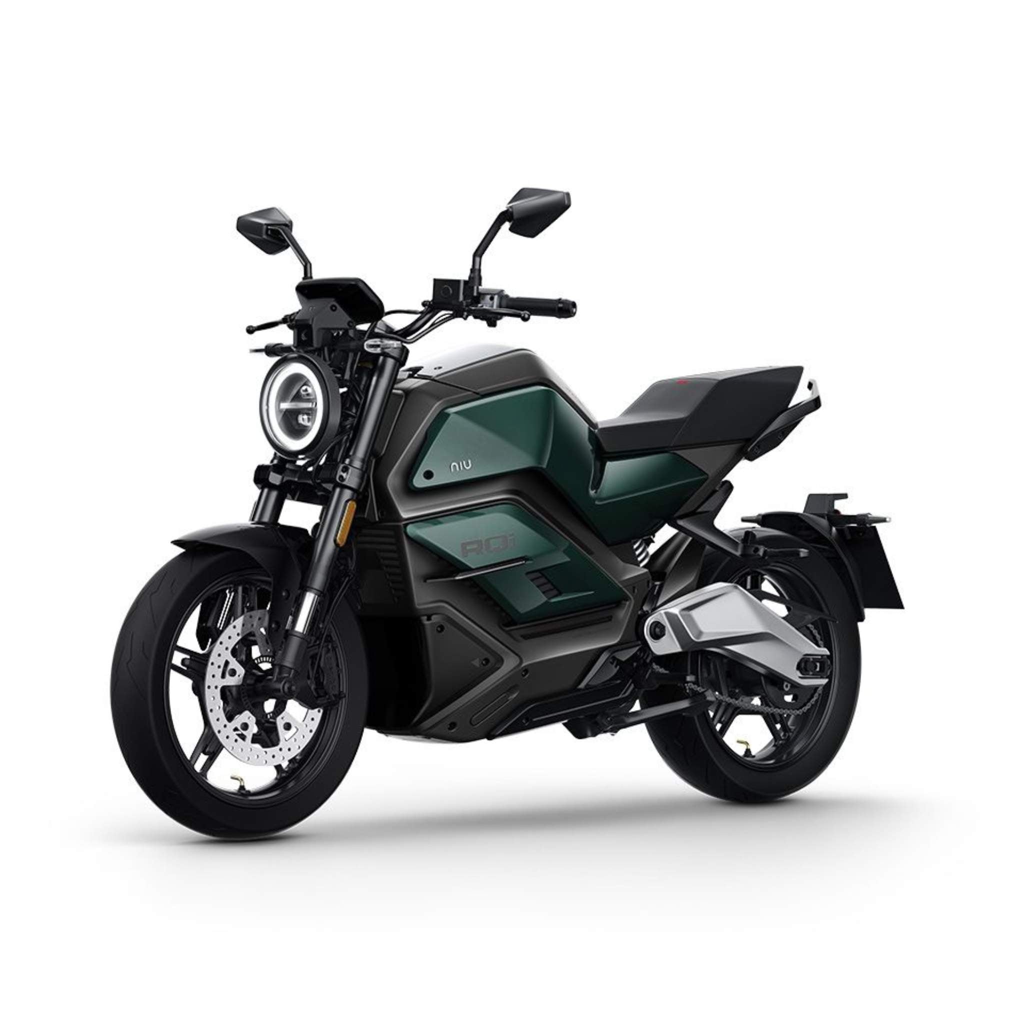 Das NIU Elektromotorrad RQI Sport 110 km/h von NIU präsentiert sich mit dunkelgrüner und schwarzer Lackierung, rundem LED-Scheinwerfer, kantigem Karosseriedesign und Scheibenbremsen auf einem schlichten weißen Hintergrund. Inspiriert durch den innovativen Stil des RQI Sport.