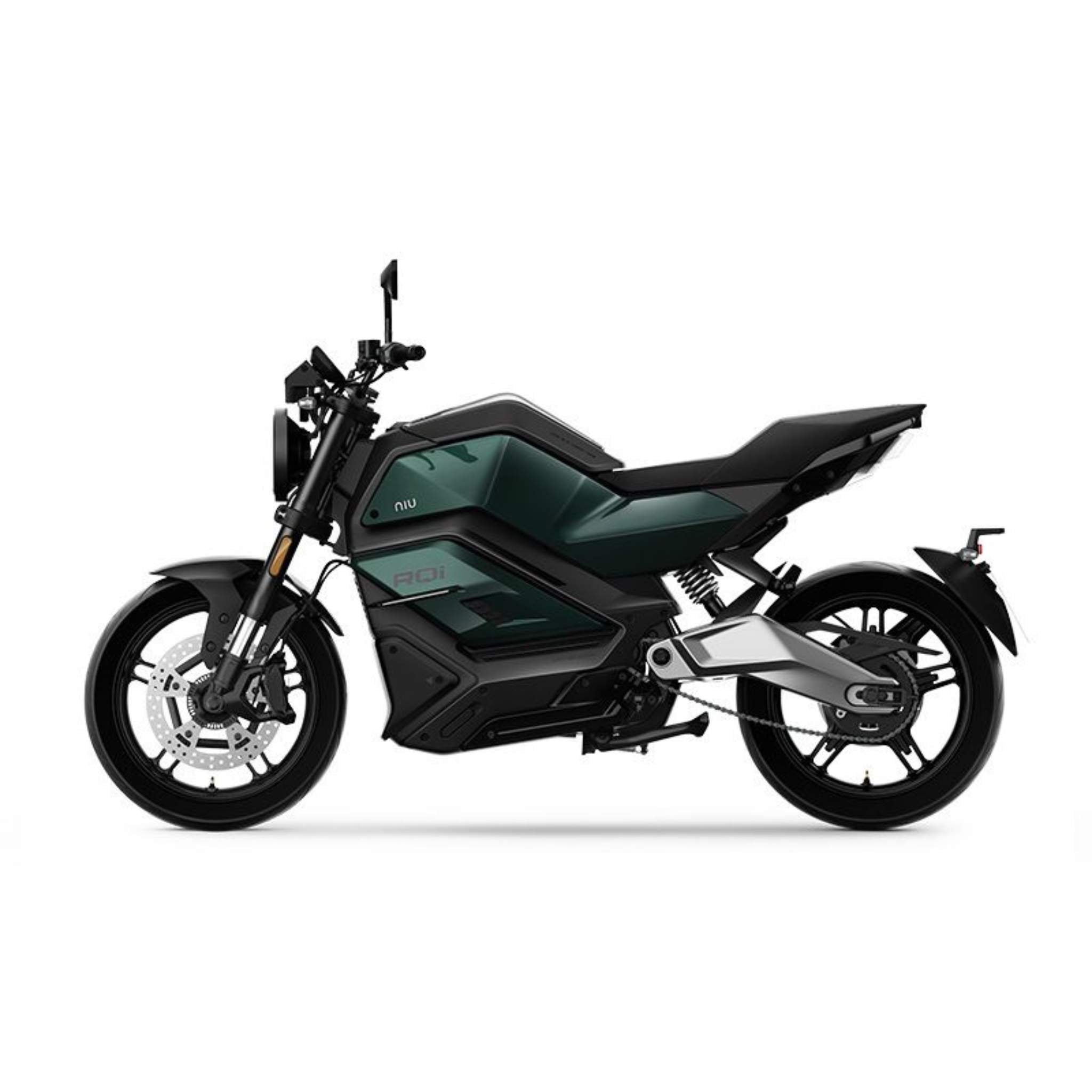 Das NIU RQI Sport Elektromotorrad 110 km/h mit seiner dunkelgrünen und schwarzen Karosserie in sportlich-minimalistischem Design ist im Seitenprofil auf weißem Hintergrund zu sehen.