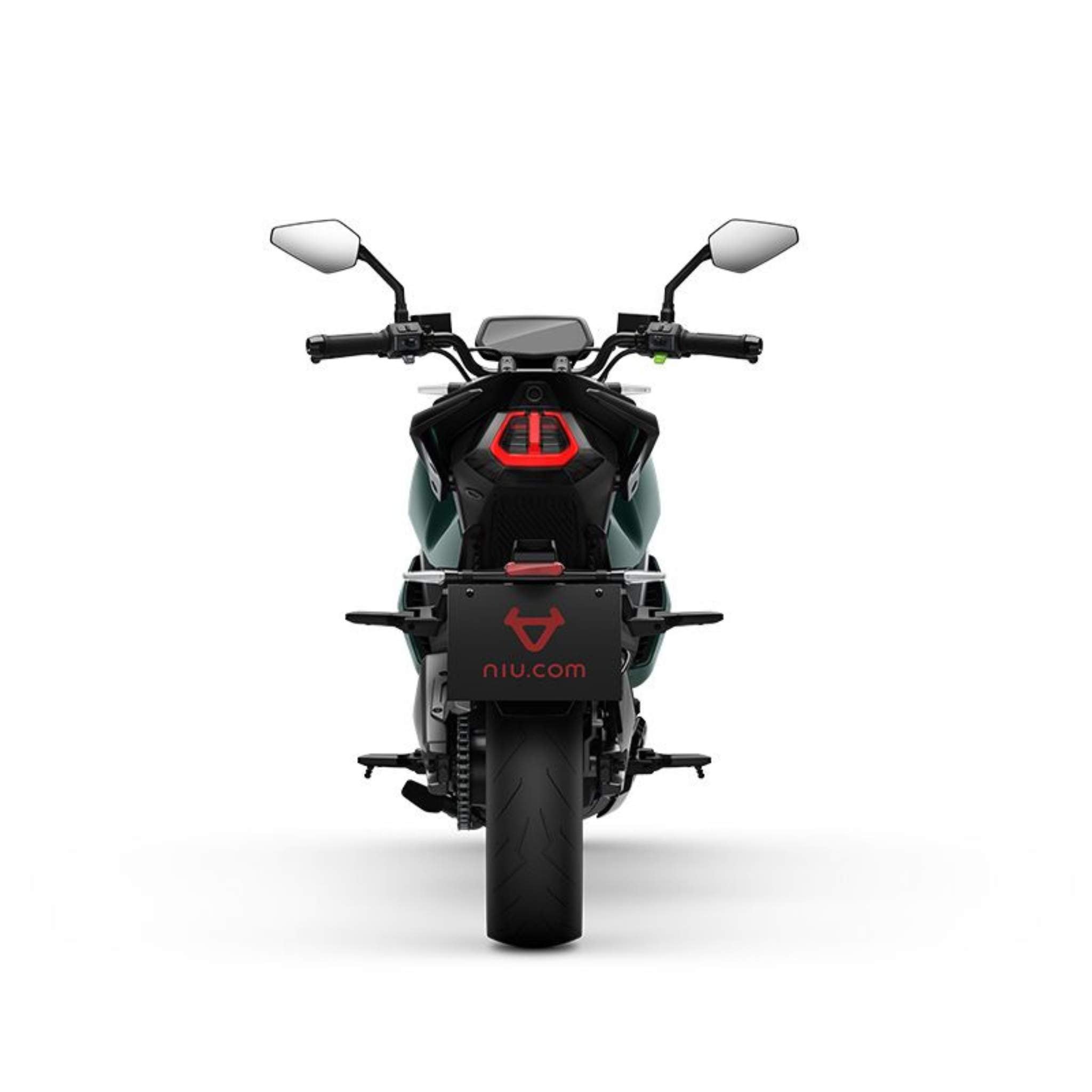 Rückansicht des NIU Elektromotorrad RQI Sport 110 km/h in Schwarz und Rot mit Rücklicht, Spiegeln, Lenker und Hinterradreifen mit niu.com-Kennzeichen auf weißem Hintergrund.
