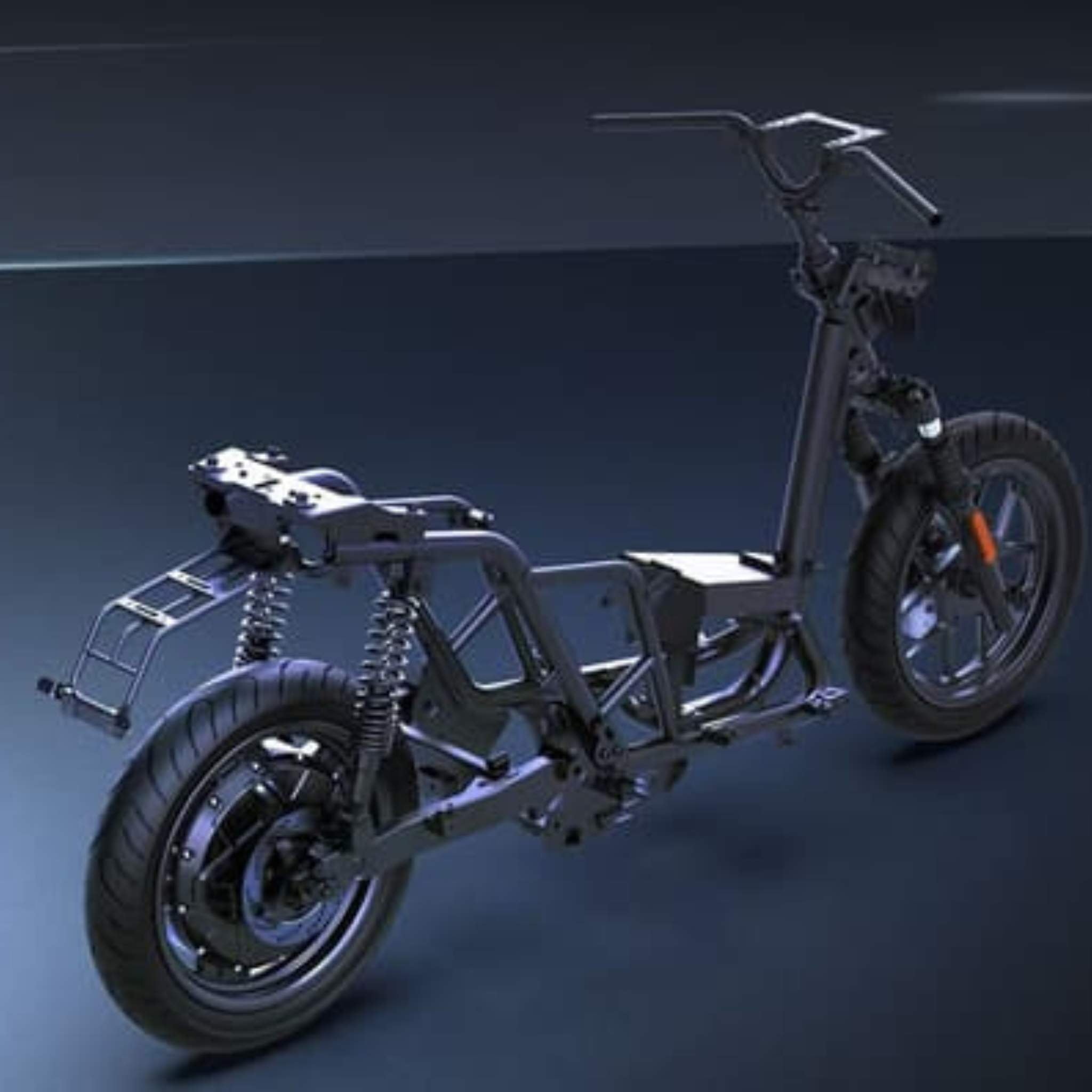 Der NIU Elektroroller Motorroller FQI 500 (2025) zeichnet sich durch einen schlanken, minimalistischen Rahmen mit sichtbarem Metall, zwei Rädern, Federung, Lenker, einem leistungsstarken Motor und einer einfachen Fußplatte aus, dargestellt auf einem Hintergrund mit dunklem Farbverlauf. Höchstgeschwindigkeit: 95 km/h.