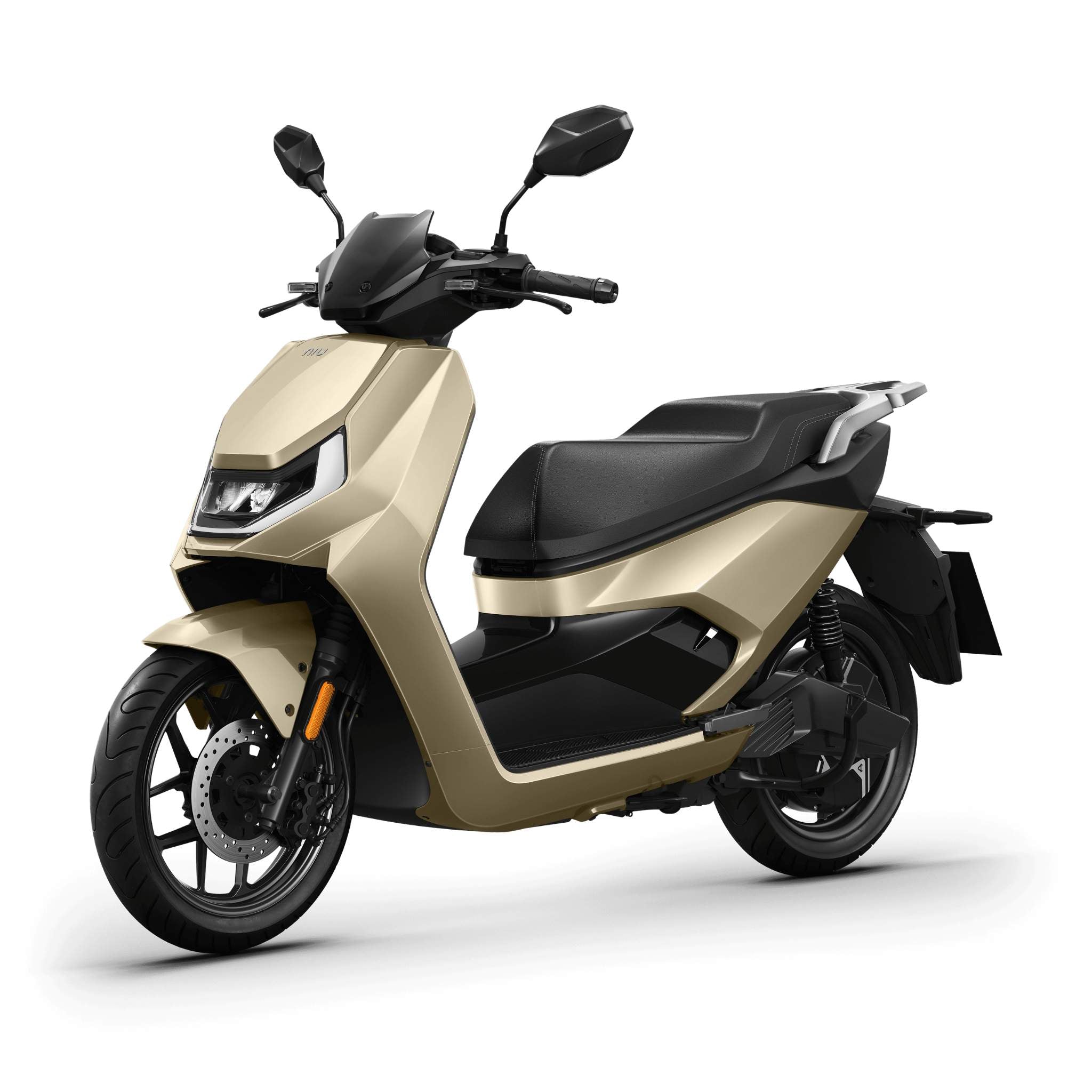 Der NIU Elektroroller E-Scooter Motorroller FQI 500 (Neues Modell 2025) in Gold mit schwarzen Akzenten, kantigen Linien, Doppelspiegeln und einem bequemen Sitz ist frontal auf einem weißen Hintergrund abgebildet. Höchstgeschwindigkeit: 95 km/h.