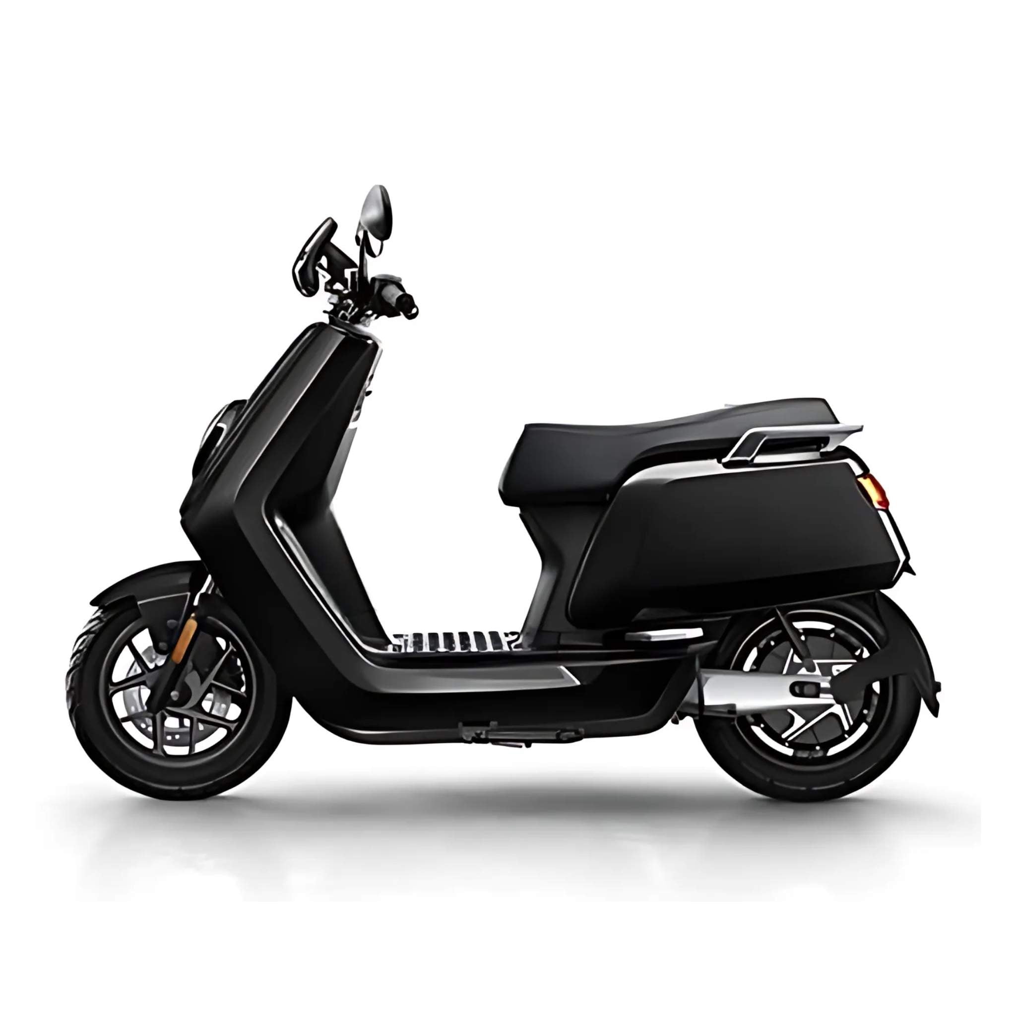 Der NIU Elektroroller E-Scooter Motorroller NQI GTS (2024 Upgrade) 45 km/h ist im Profil auf weißem Hintergrund abgebildet und besticht durch sein schlichtes schwarzes Design, Leichtmetallräder und seine kompakte Bauweise - ideal für moderne Elektromobilität.