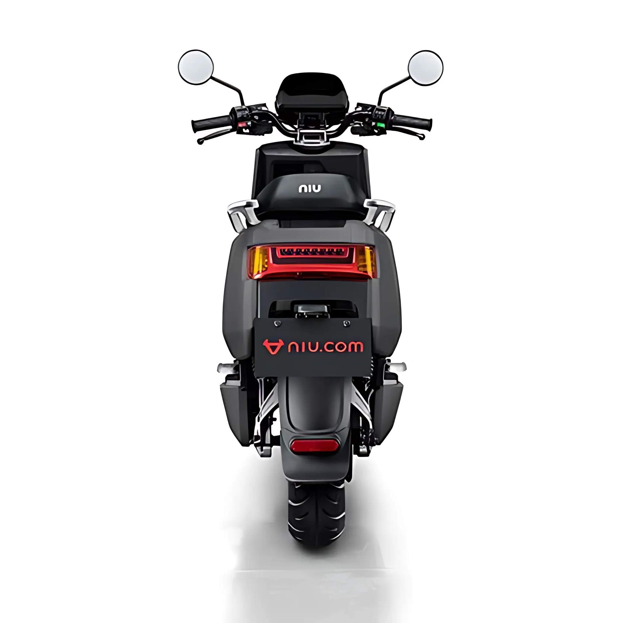 Rückansicht des schwarzen NIU Elektroroller E-Scooter Motorroller NQI GTS (2024 Upgrade) 45 km/h mit Doppelspiegeln, Rückleuchten und "niu"-Branding. Auf dem Nummernschild erscheint die Website niu.com, die moderne Elektromobilität präsentiert.