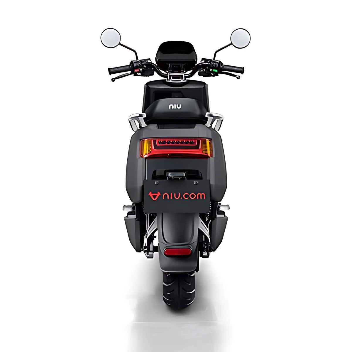 Rückansicht des schwarzen NIU Elektroroller E-Scooter Motorroller NQI GTS (2024 Upgrade) 45 km/h mit Doppelspiegeln, Rückleuchten und "niu"-Branding. Auf dem Nummernschild erscheint die Website niu.com, die moderne Elektromobilität präsentiert.