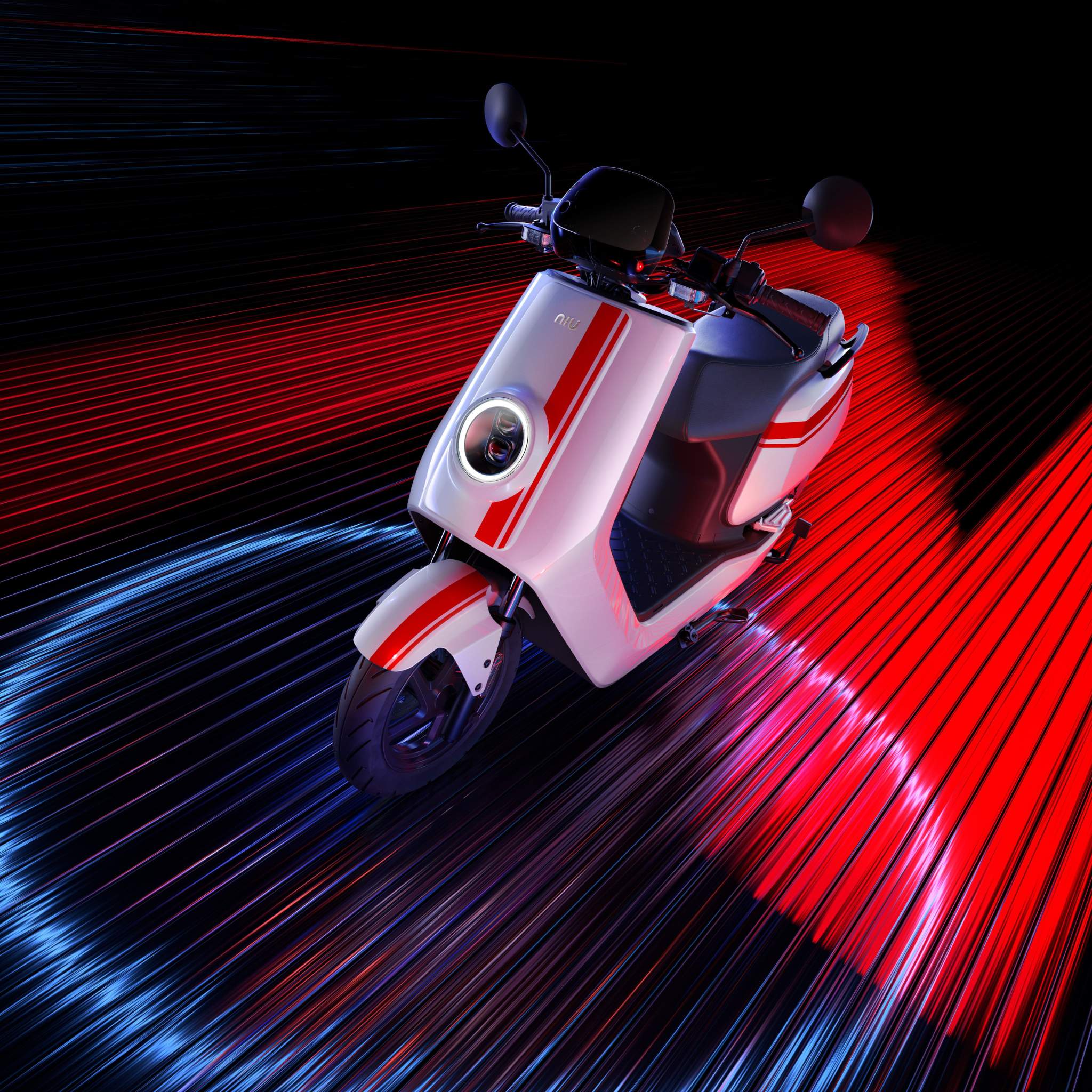 Der NIU Elektroroller E-Scooter NQI GTS (2024 Upgrade) 45 km/h in Weiß und Rot besticht durch seinen runden Scheinwerfer, der von leuchtend roten und blauen Lichtstreifen umrahmt wird, die sein modernes Design und seinen Sinn für Geschwindigkeit unterstreichen.