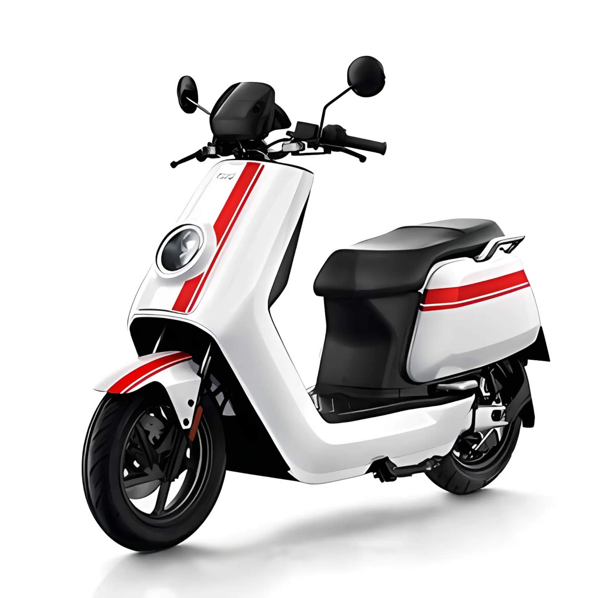 Der NIU Elektroroller E-Scooter Motorroller NQI GTS (2024 Upgrade) 45 km/h zeigt sich in modernem Weiß mit roten Rennstreifen, schwarzem Sitz, Reifen und Spiegeln - ein schnittiges Design für stilvolle Elektromobilität.