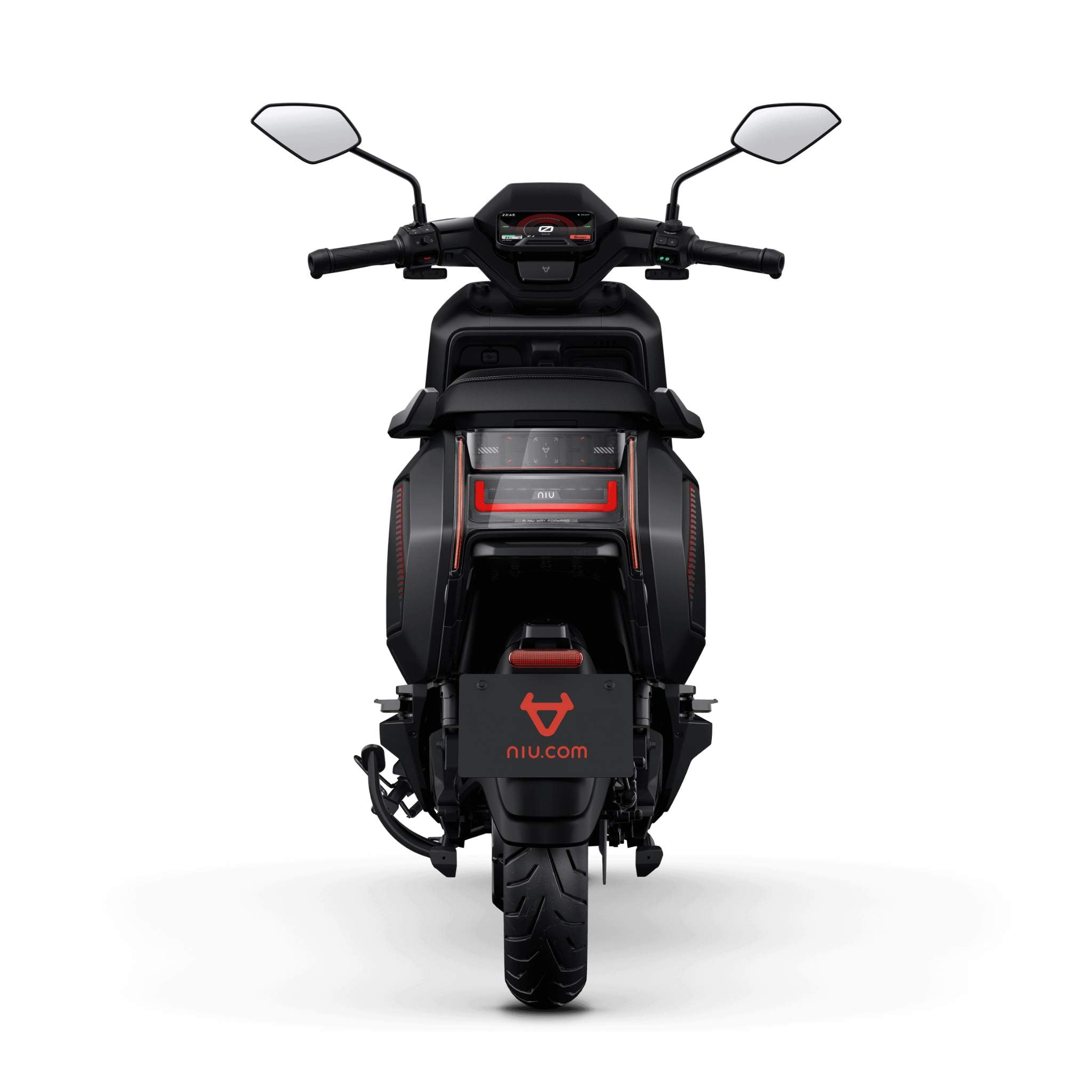 Rückansicht eines schwarz-roten NIU Elektroroller Motorroller NQiX 500 (100 km/h) mit zwei Rückspiegeln, digitaler Lenkeranzeige und "niu.com" auf dem Nummernschildbereich vor weißem Hintergrund.