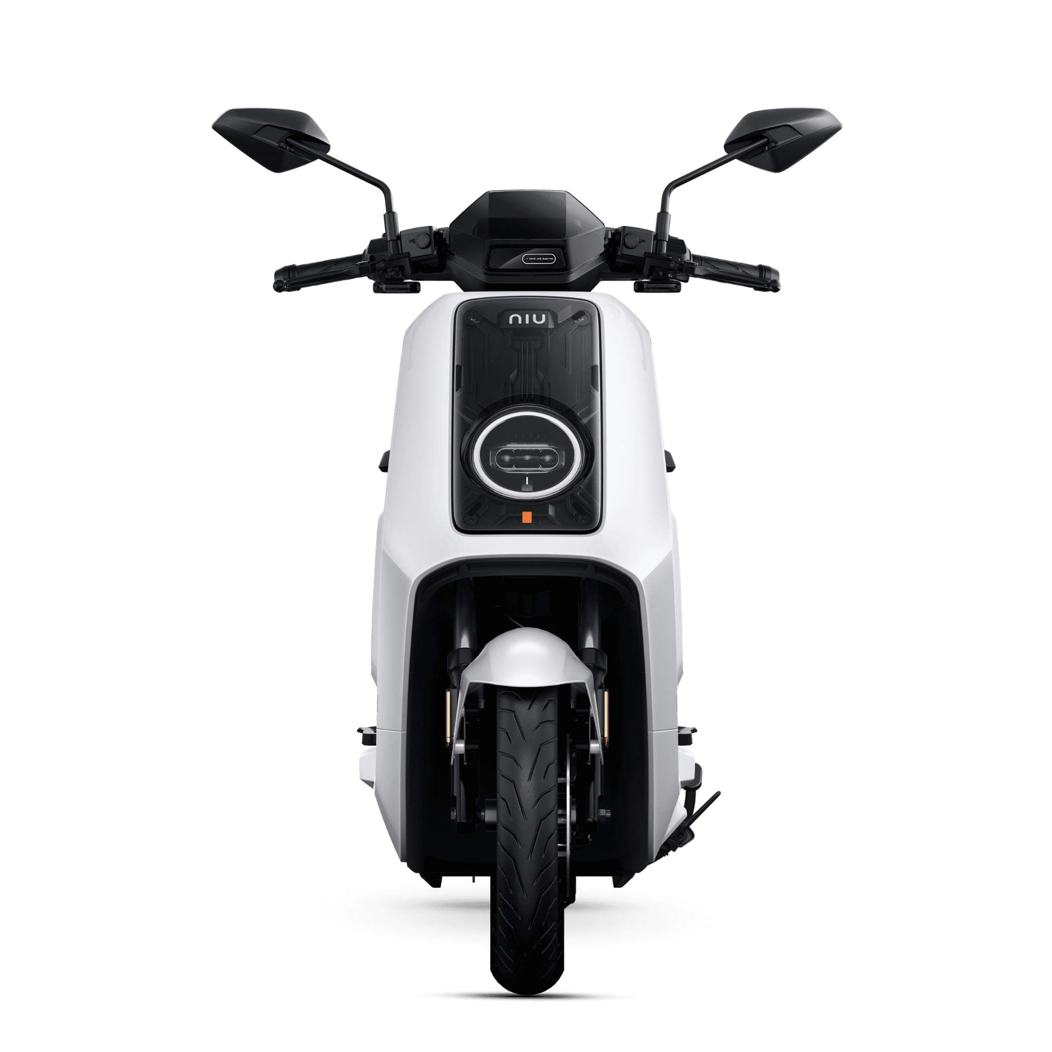 Die Frontansicht des NIU Elektroroller Motorroller NQiX 500 (100 km/h) zeigt einen schwarzen Lenker, Spiegel und einen runden Scheinwerfer. Sein minimalistisches Design betont den Vorderreifen und die glatten Konturen für einen schlanken, modernen Look.