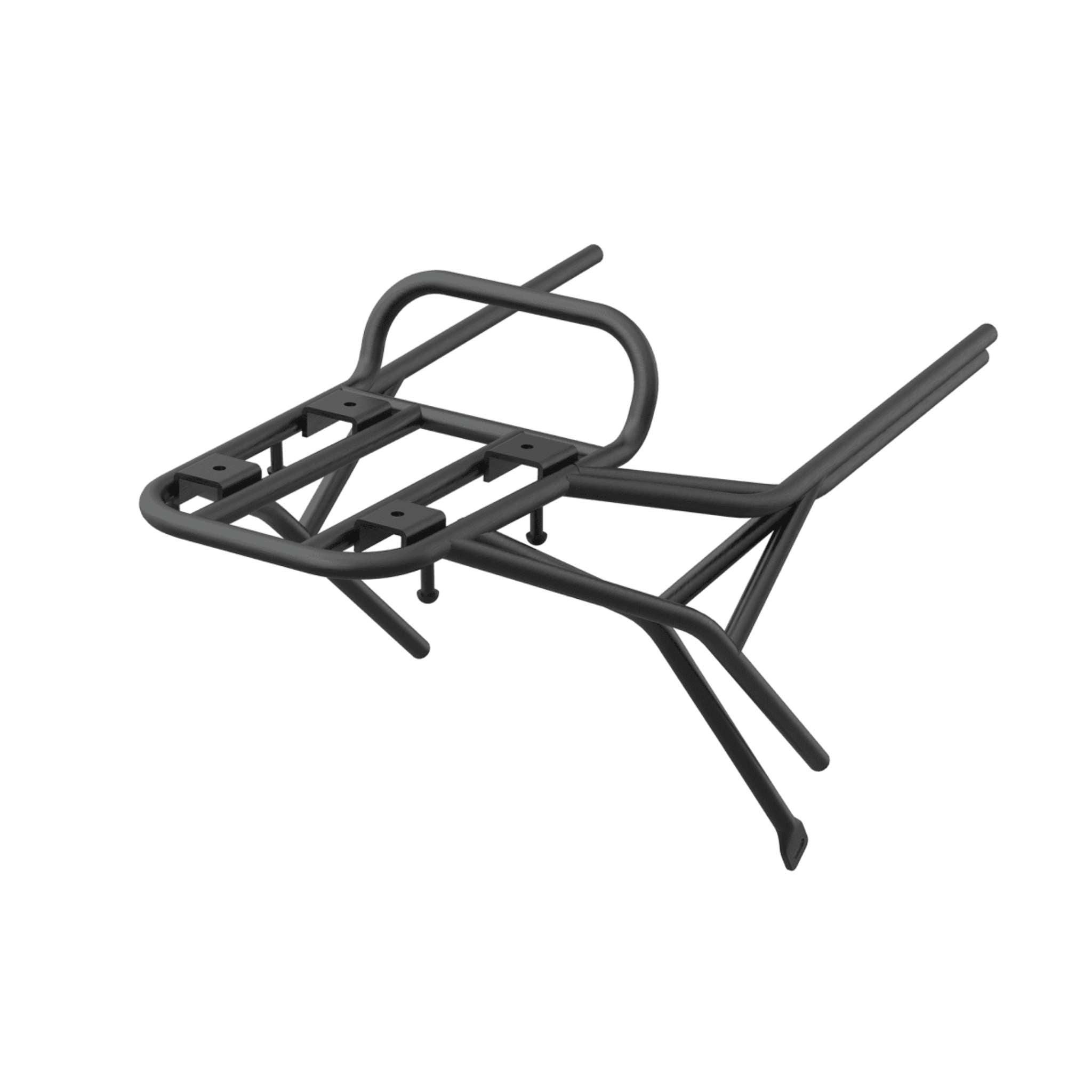 Der Coopop Gepäckträger für Rugged GS ist ein schwarzer Metall-Heckgepäckträger mit einer flachen Plattform, Seitenschienen und zwei Stützfüßen, der für die sichere Befestigung von Lasten oder Gepäcktaschen an Ihrem Coopop Rugged GS E-Scooter konzipiert ist.