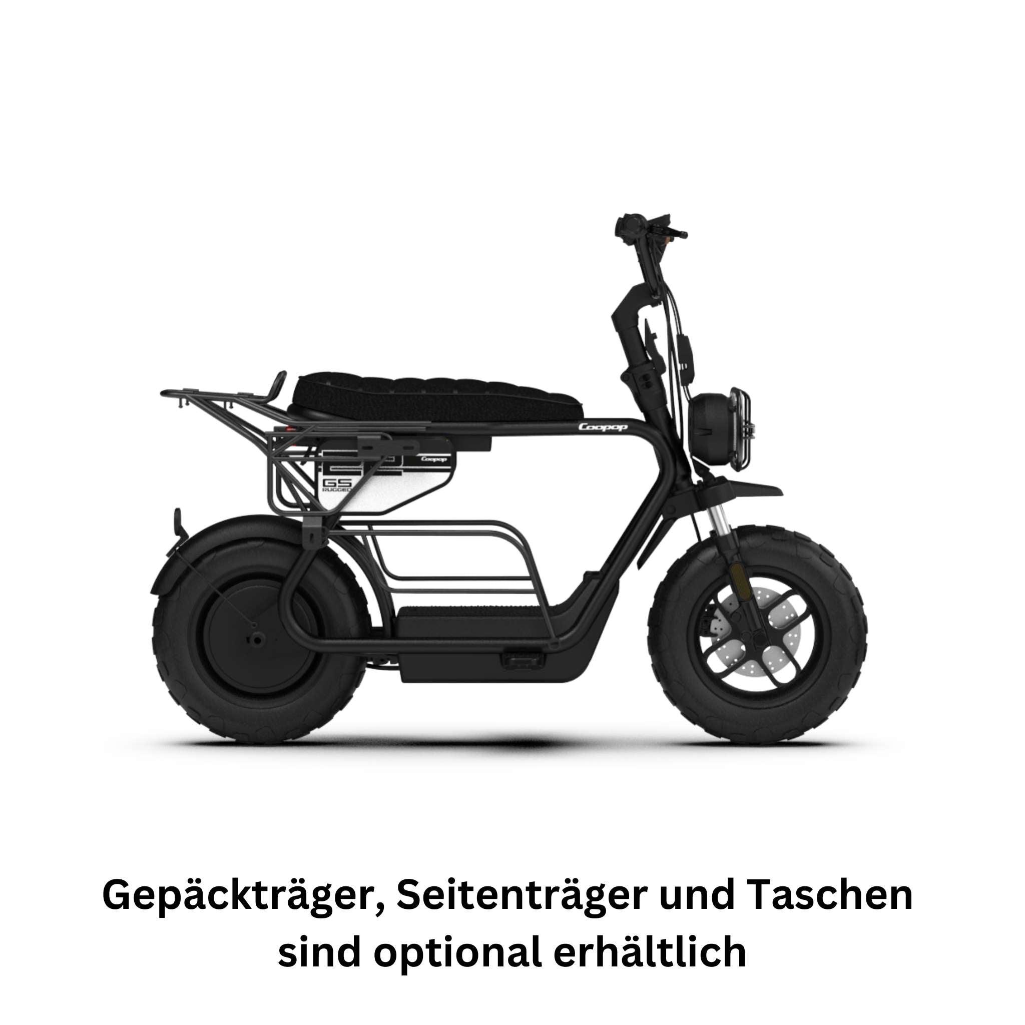 Ein schwarzer Coopop E-Scooter E-Roller RUGGED GS (45km/h & 25km/h) mit gepolstertem Sitz, dicker Bereifung und Gepäckträger. Deutscher Text: Gepäckträger, Seitenträger und Taschen sind optional erhältlich (racks & bags are optional).