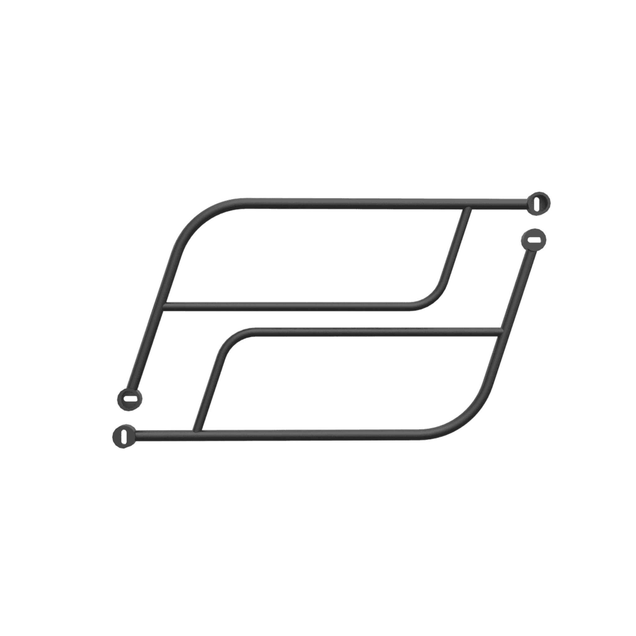 Ein minimalistisches, schwarzes, geometrisches Logo für Coopop mit zwei sich überschneidenden geschwungenen Linien, die jeweils in einem kleinen Kreis enden, bildet eine abstrakte Form auf Weiß, ideal für das Set Seitenstangen für Coopop Rugged GS.