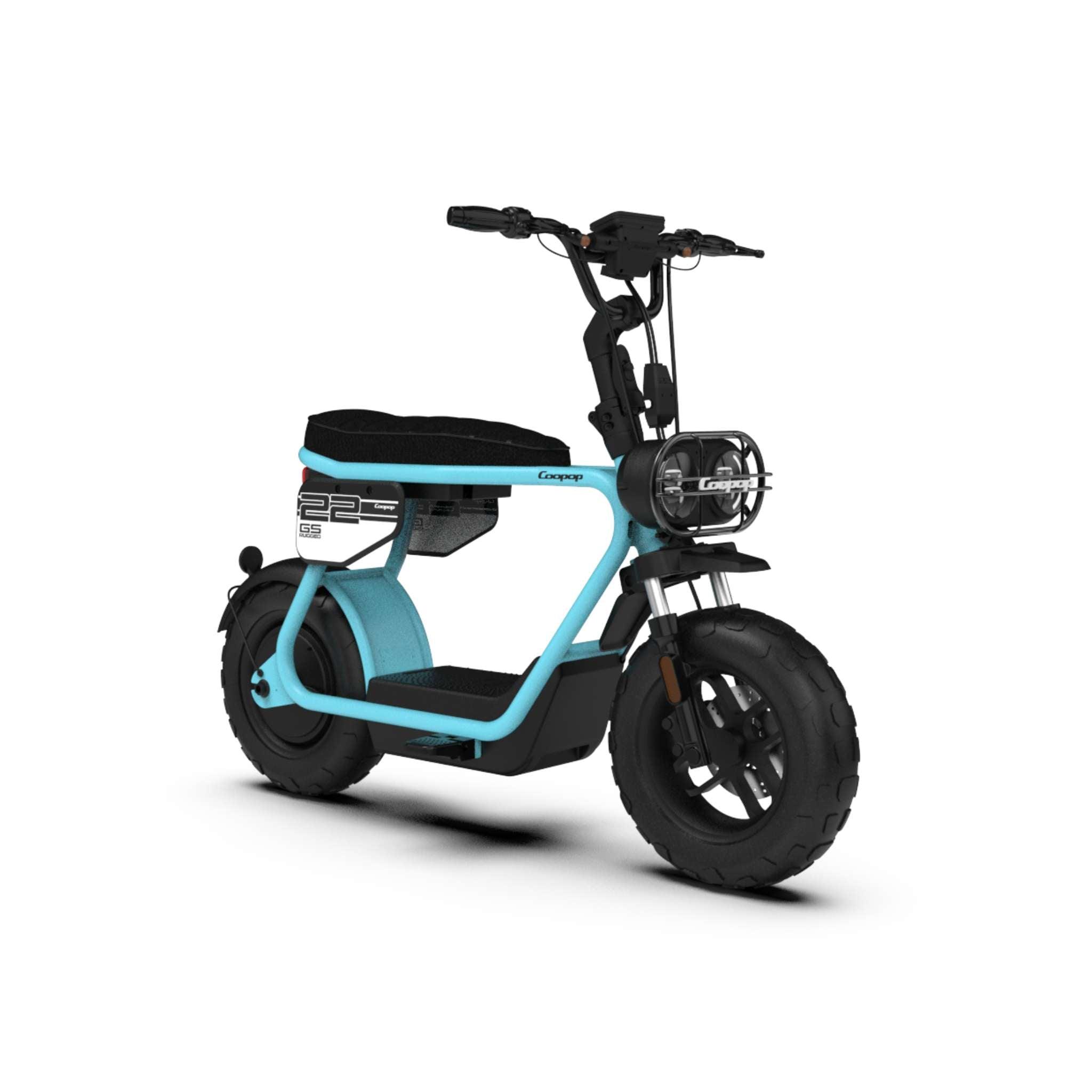 Der Coopop E-Scooter E-Roller RUGGED GS (45 km/h oder 25 km/h) hat dicke Reifen, einen türkisblauen Rahmen, einen schwarzen Sitz und Lenker und einen leistungsstarken 1200-Watt-Motor - alles auf weißem Hintergrund.