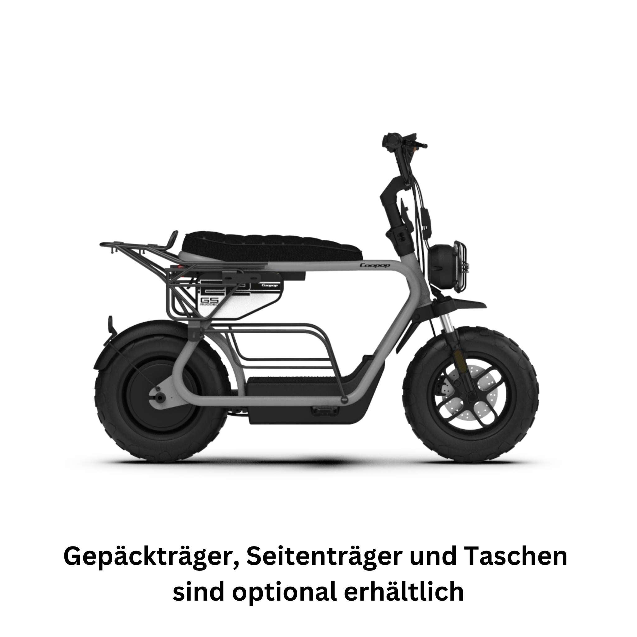 Der Coopop E-Scooter E-Roller RUGGED GS, hier im Profil mit fetten Reifen und minimalistischem Rahmen, verfügt über einen 1200-Watt-Nabenmotor. Optional werden Gepäckträger, Seitenträger und Taschen angeboten. Erhältlich in den Versionen 45km/h und 25 km/h.