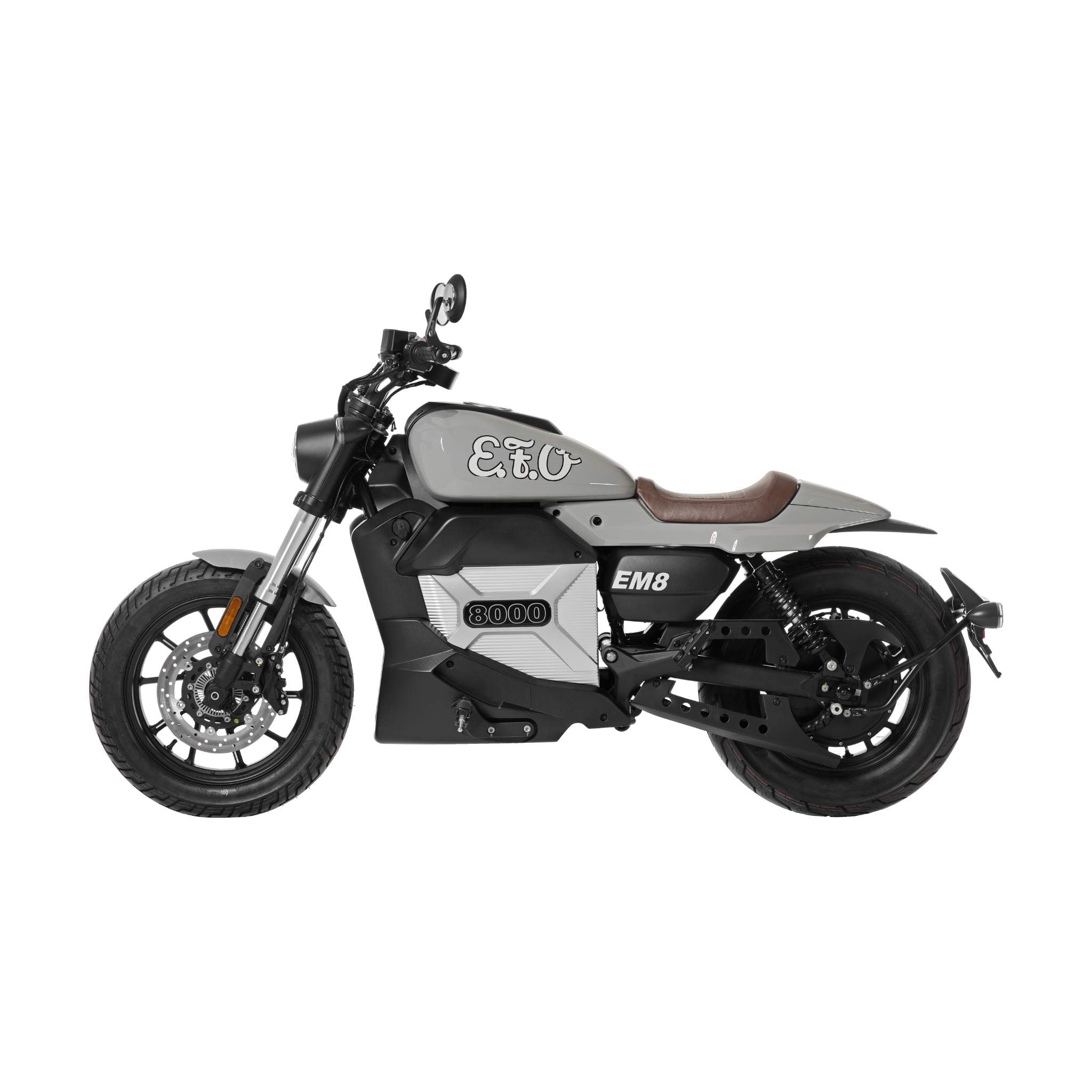 Seitenansicht des E.F.O. Elektro Motorrad E.F.O EM8 120 km/h - Aktionspreis! mit "E.T.O." auf dem grauen Tank, dem braunen Sitz, dem schwarzen Rahmen und dem EM8-Modellschild auf der Seitenwand.