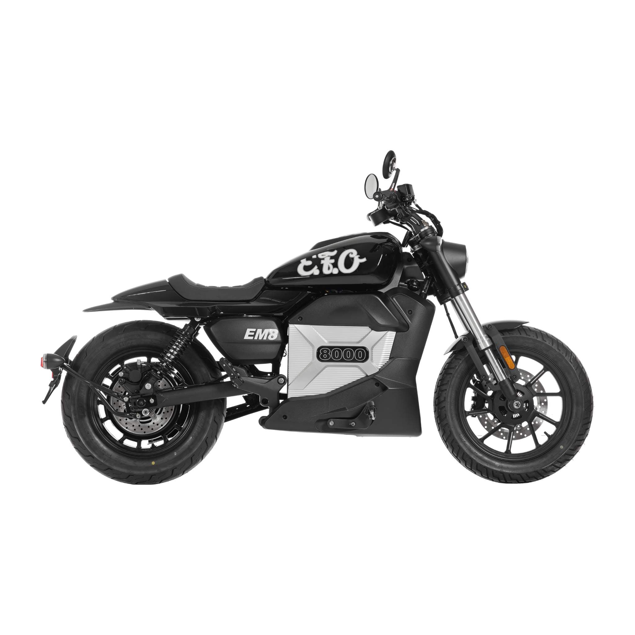 Ein schwarz-graues E.F.O. Elektro Motorrad E.F.O EM8 120 km/h im sportlichen Design wird im Seitenprofil auf weißem Hintergrund gezeigt. Entdecken Sie fortschrittliche Funktionen und genießen Sie mögliche Umweltprämieneinsparungen bei einem Aktionspreis!.
