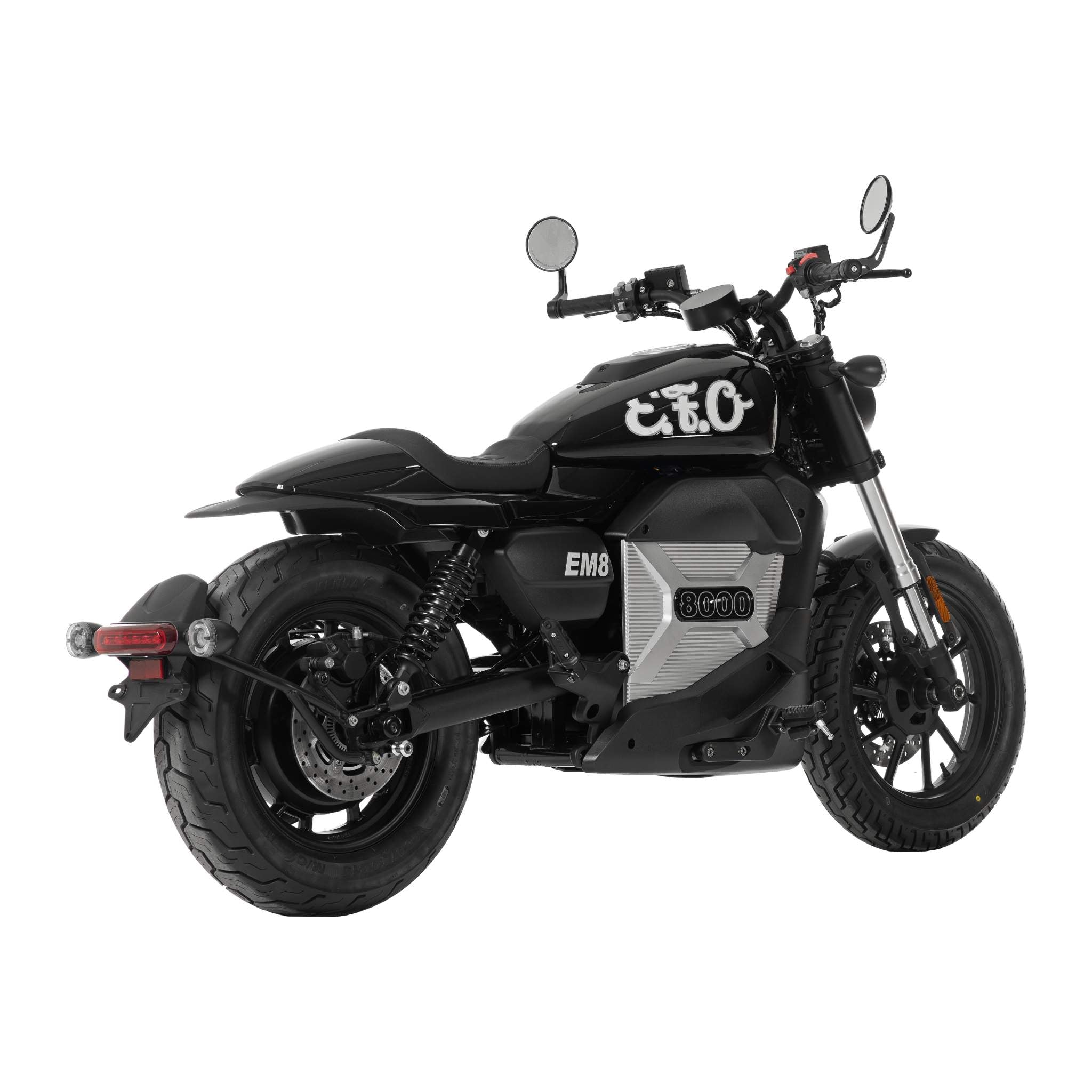 Das E.F.O. Elektro Motorrad E.F.O EM8 120 km/h - Aktionspreis! in schwarz, von hinten links gesehen, hat einen stylischen Rahmen, ein großes Hinterrad, digitale Komponenten und bietet einen Umweltprämienvorteil für stilbewusste Fahrer.