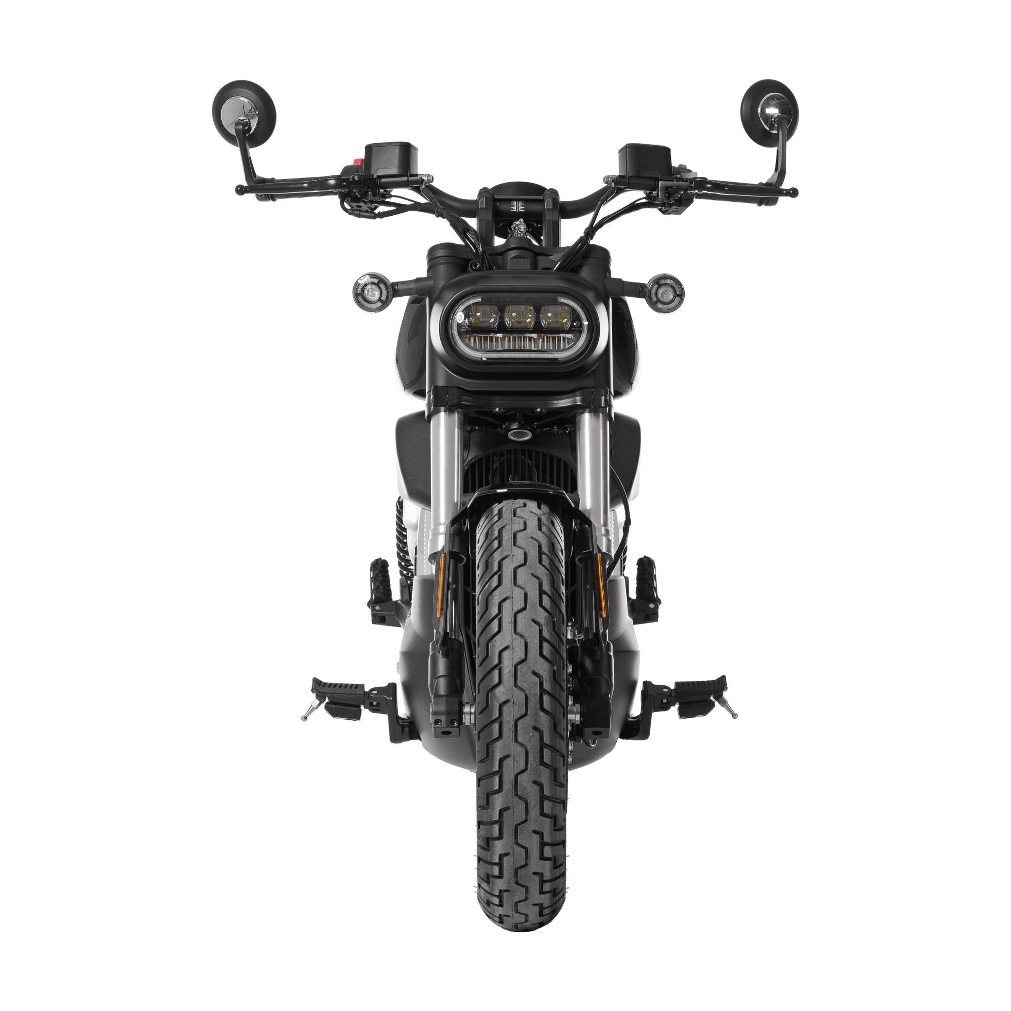 Die Frontansicht des E.F.O. Elektro Motorrad EM8 120 km/h - Aktionspreis! zeigt einen großen Scheinwerfer, breite Spiegel, einen robusten Vorderreifen und eine exponierte Aufhängung - modernes Design plus Umweltprämie durch E.F.O.