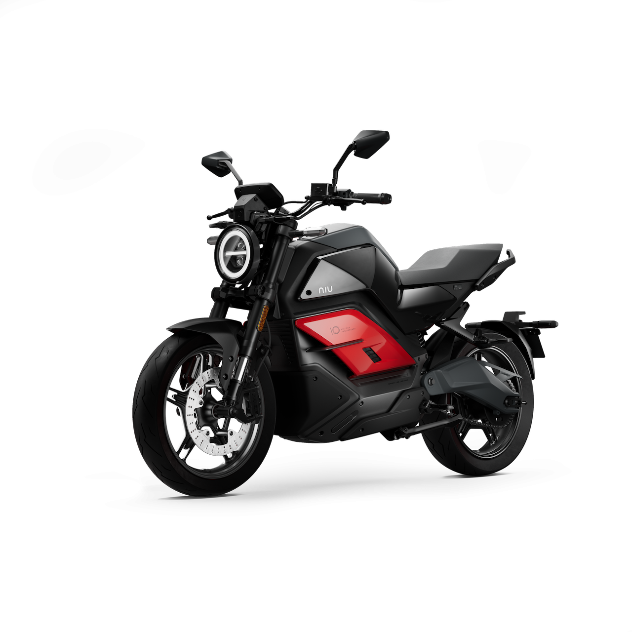 Das NIU RQI Sport Elektromotorrad 110 km/h zeichnet sich durch ein modernes, schwarz-rotes Design mit rundem Scheinwerfer und scharfen Linien aus, das auf einem schlichten weißen Hintergrund abgebildet ist.