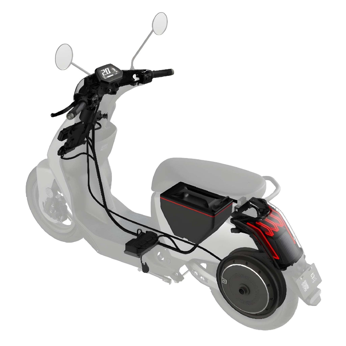 Der Super Soco E-Roller CUx Pro verfügt über einen durchsichtigen Rahmen, der die Anordnung und die Anschlüsse des Bosch-Akkus und der Kabel für eine umweltfreundliche Mobilität deutlich sichtbar macht.