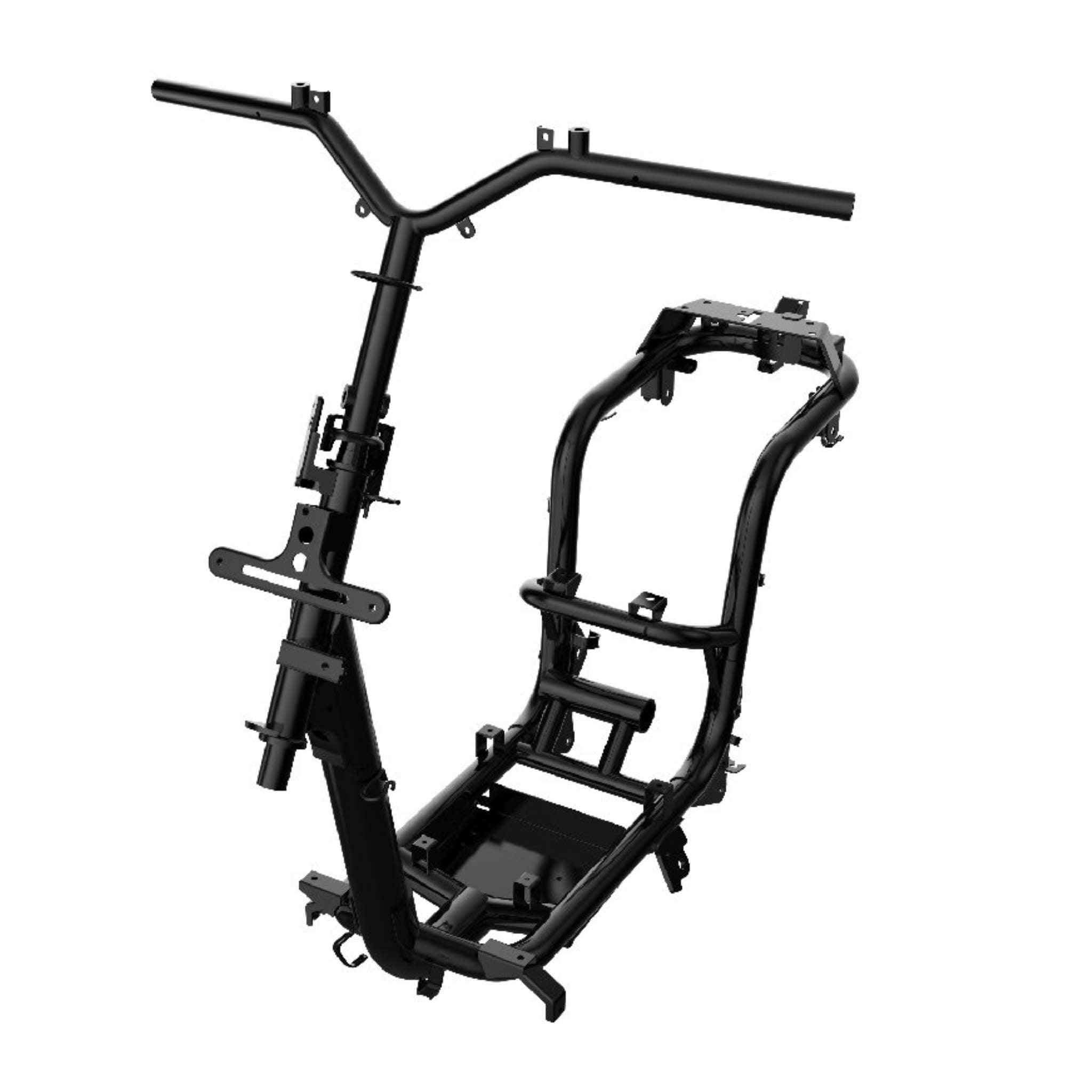 Der Super Soco CUx Pro E-Roller-Rahmen aus schwarzem Metall mit Lenker, Mittelstütze und Fußrastenbereich (ohne Räder, Sitz oder Karosserieteile), dargestellt auf weißem Hintergrund - perfekt für nachhaltige Mobilität in der Stadt.