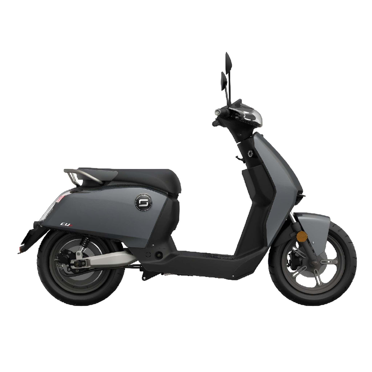 Der Super Soco Elektroroller CUx Pro ist ein moderner, grauer E-Roller mit schlankem Design, schwarzem Sitz und Rückspiegeln - die perfekte Wahl für umweltfreundliche Mobilität bis 45 km/h dank Bosch-Power.