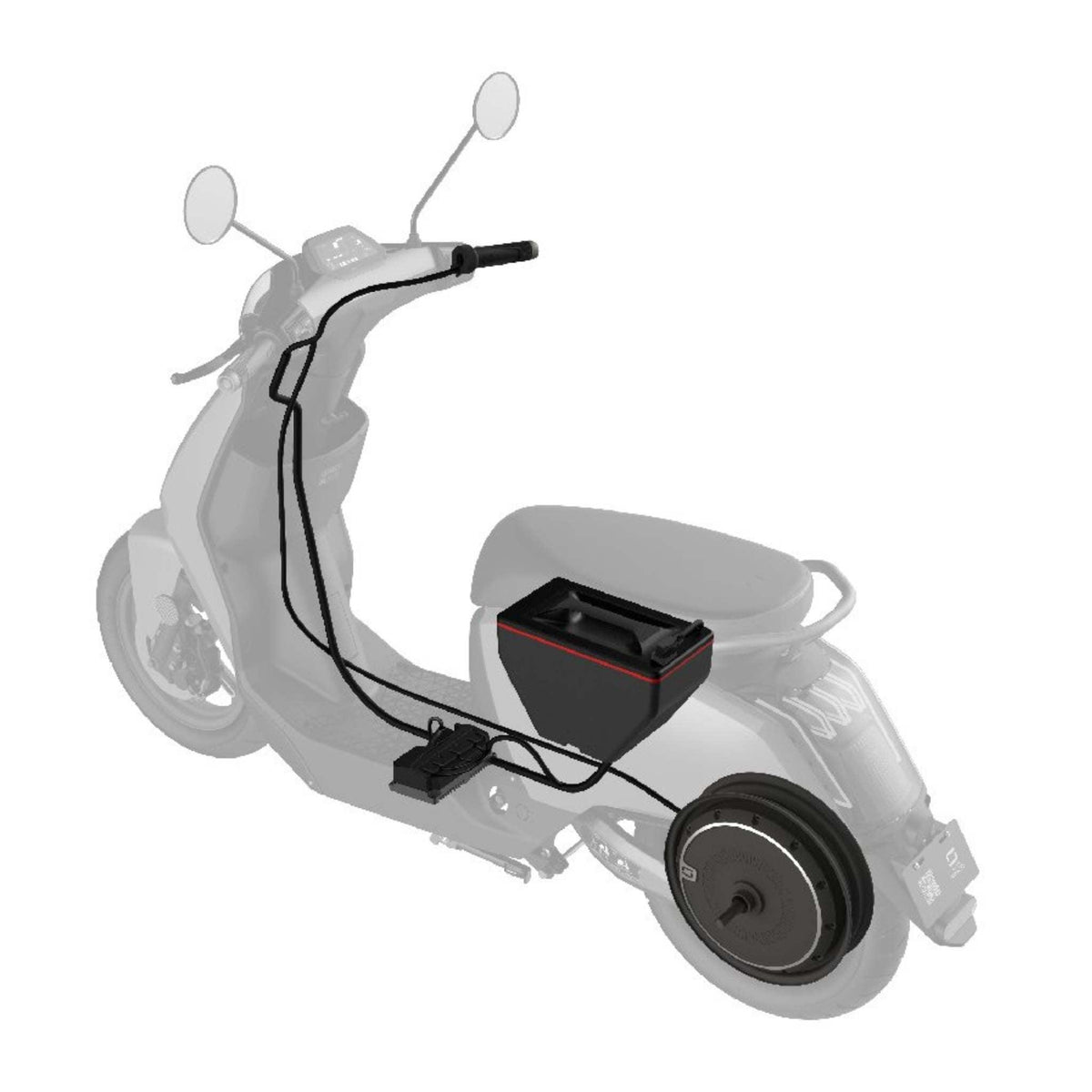 Schema des Super Soco E-Roller CUx Pro, das die Batterie, den Controller und den Bosch-Motor mit Verkabelung hervorhebt; der Rest des Rollers ist verblasst, um die umweltfreundliche Mobilität zu betonen.