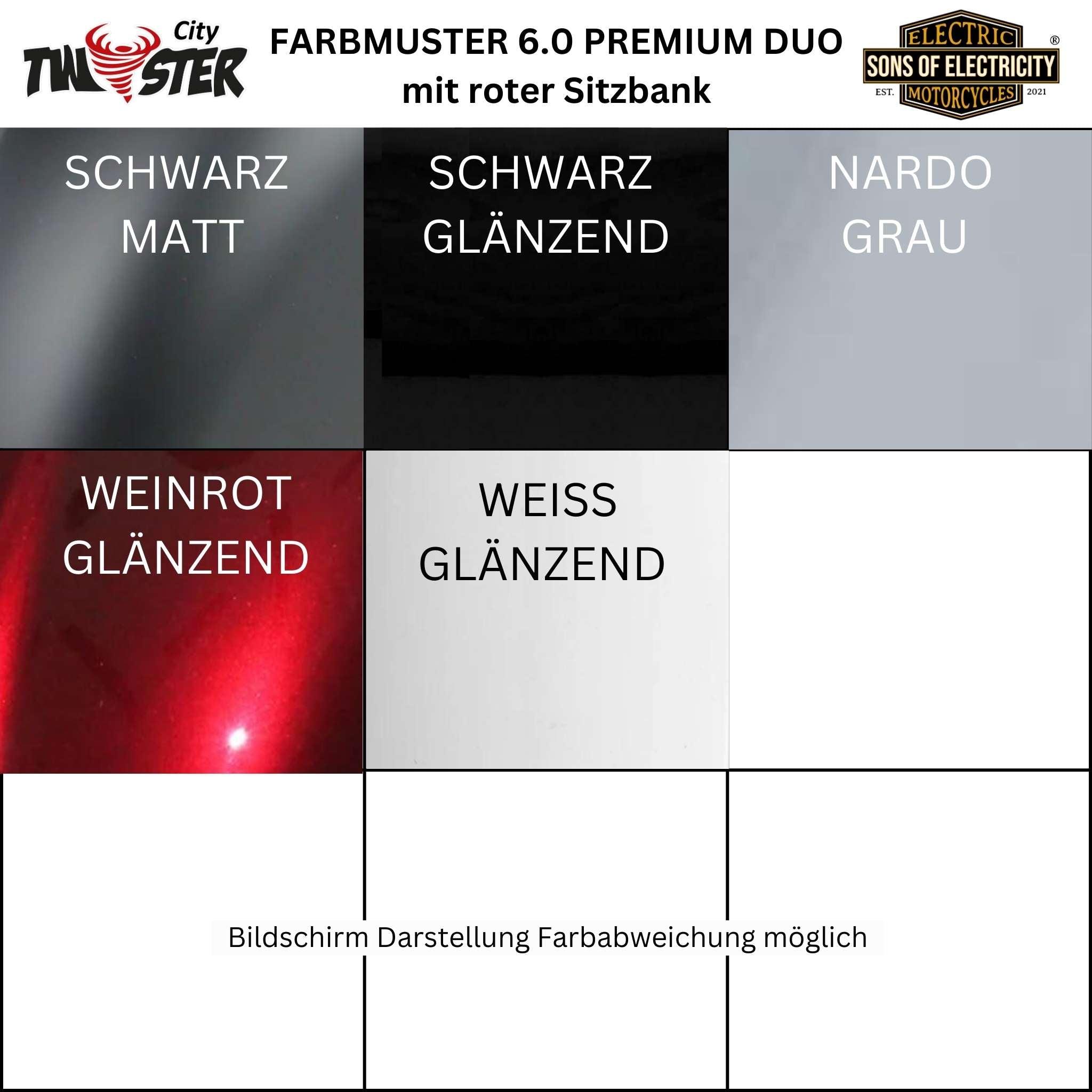 Farboptionen für den City Twister NEU! E-Chopper: CityTwister 6.0 PREMIUM DUO sind schwarz matt, schwarz glänzend, nardo grau, glänzend weinrot und glänzend weiß. Hinweis: Das Erscheinungsbild der Farben kann je nach Bildschirm variieren.